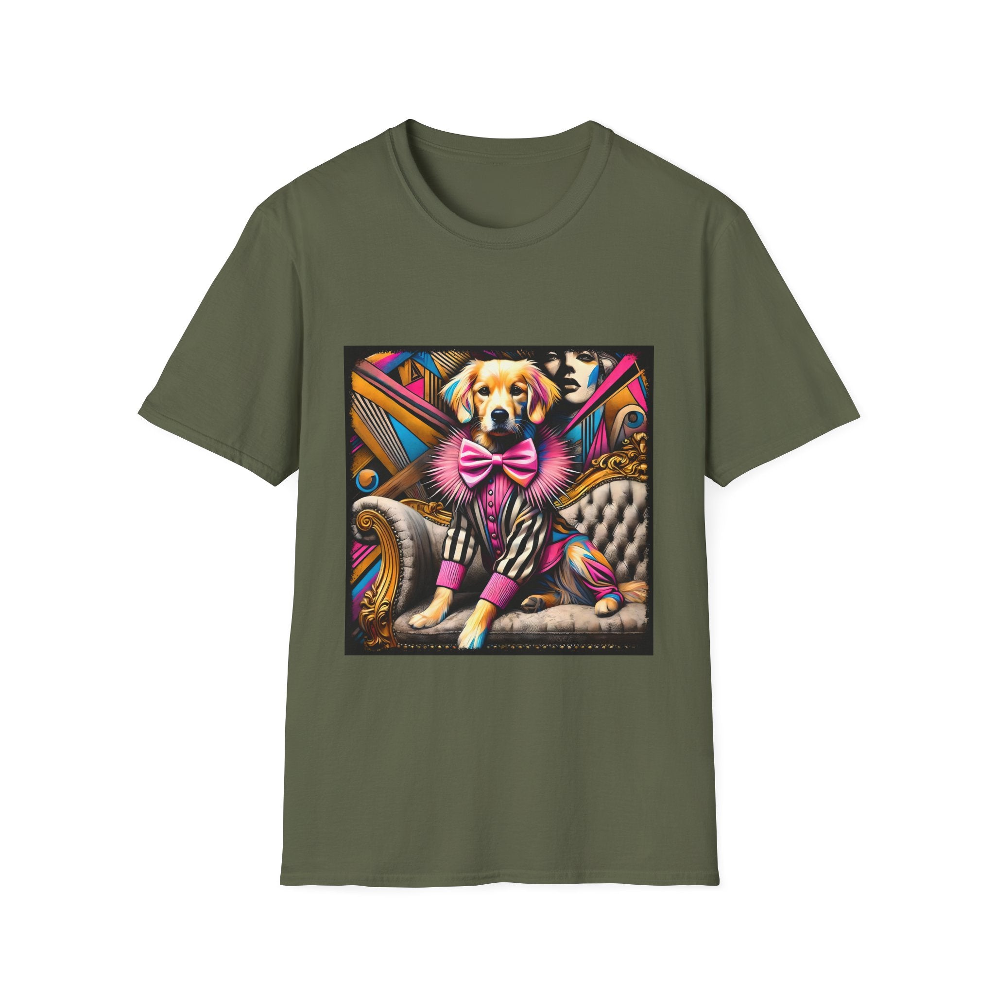 Military green dog t-shirt with golden retriever in striped outfit and pink bow on bold pop-art settee.