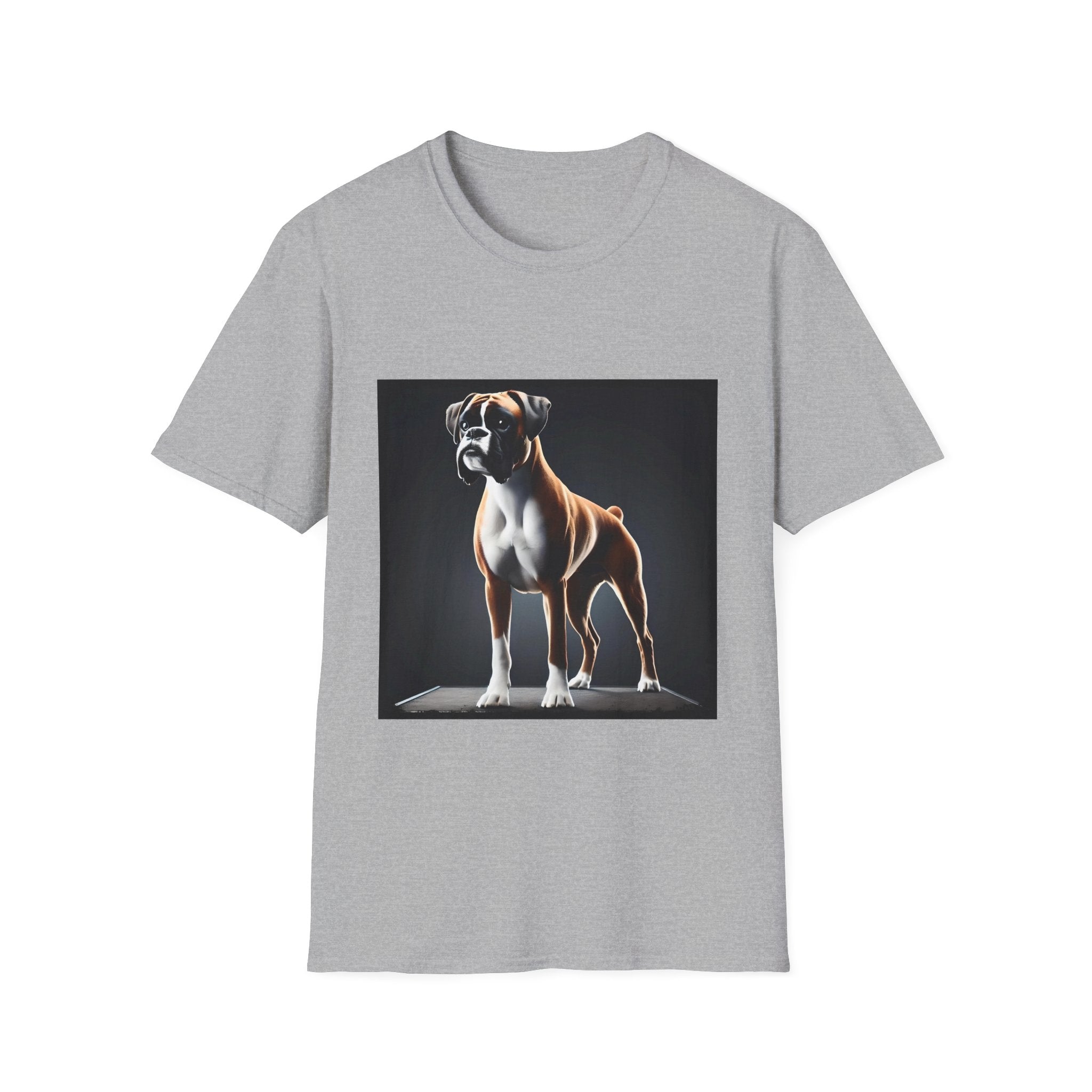 Sport Gray dog t-shirt featuring standing boxer on platform with black background and dramatic lighting.