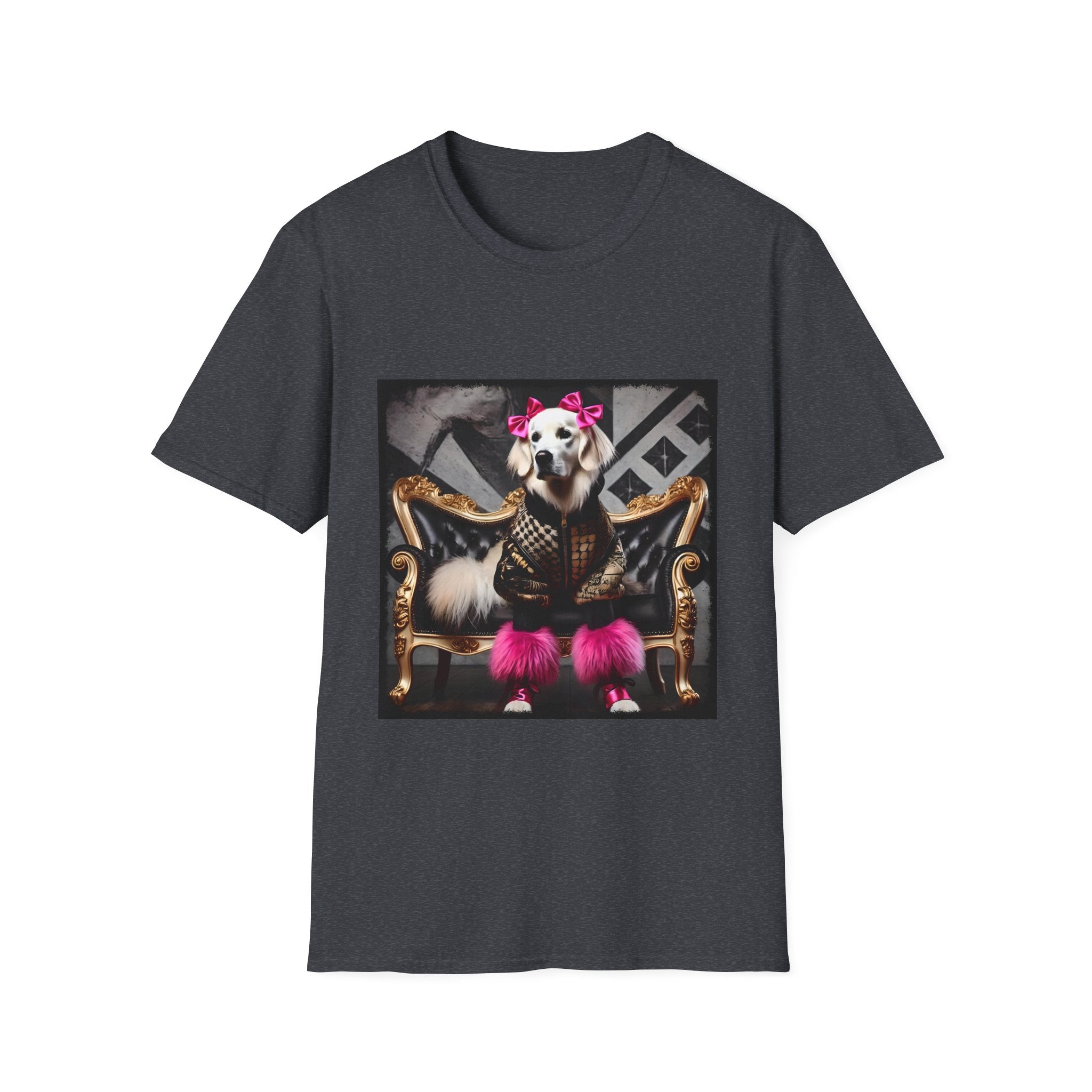 Dark heather gray dog t-shirt featuring white dog in pink bows and boots on gold settee with edgy gray backdrop.