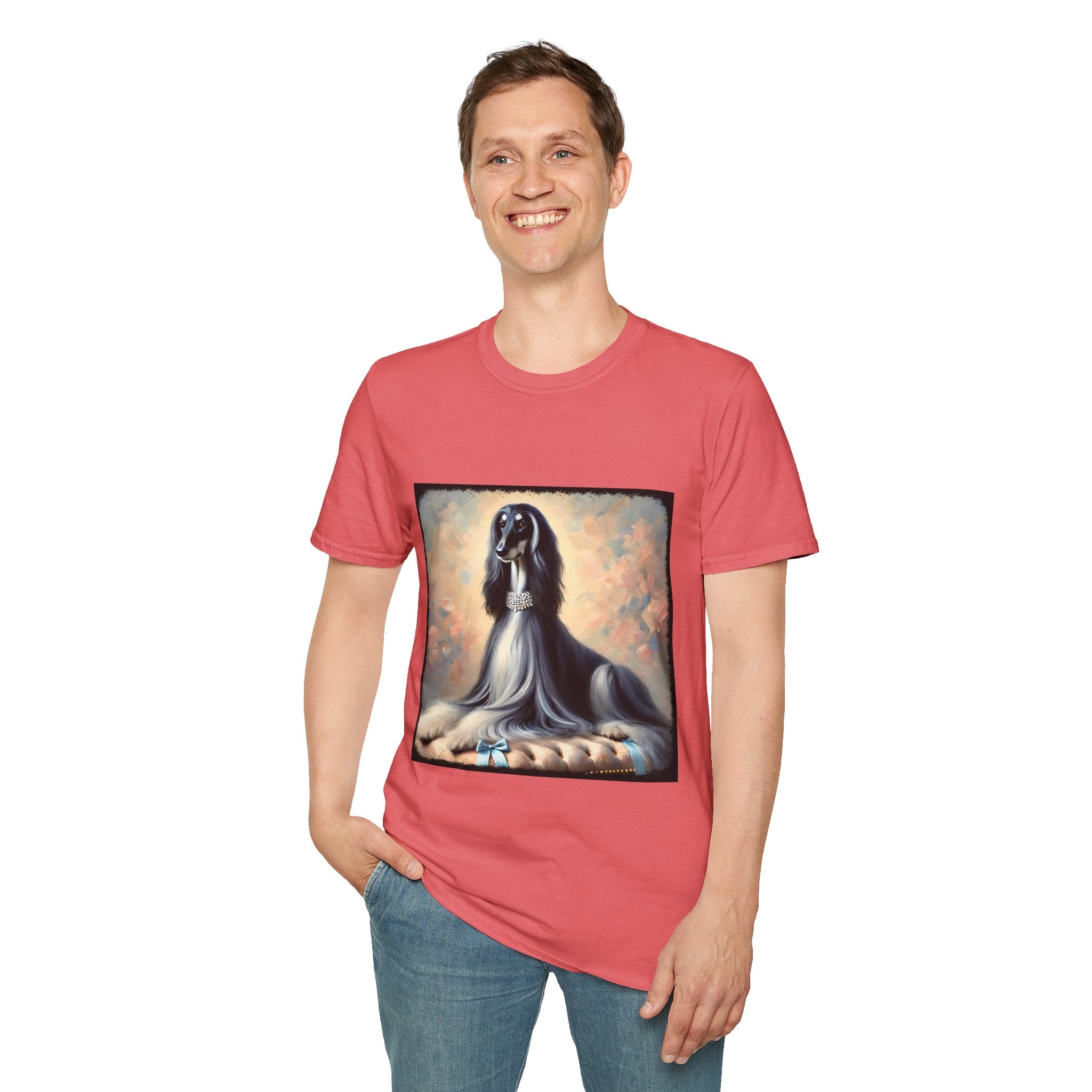 Front view of person wearing  coral dog t-shirt featuring black and white Afghan Hound on cushion with diamond necklace, pastel background