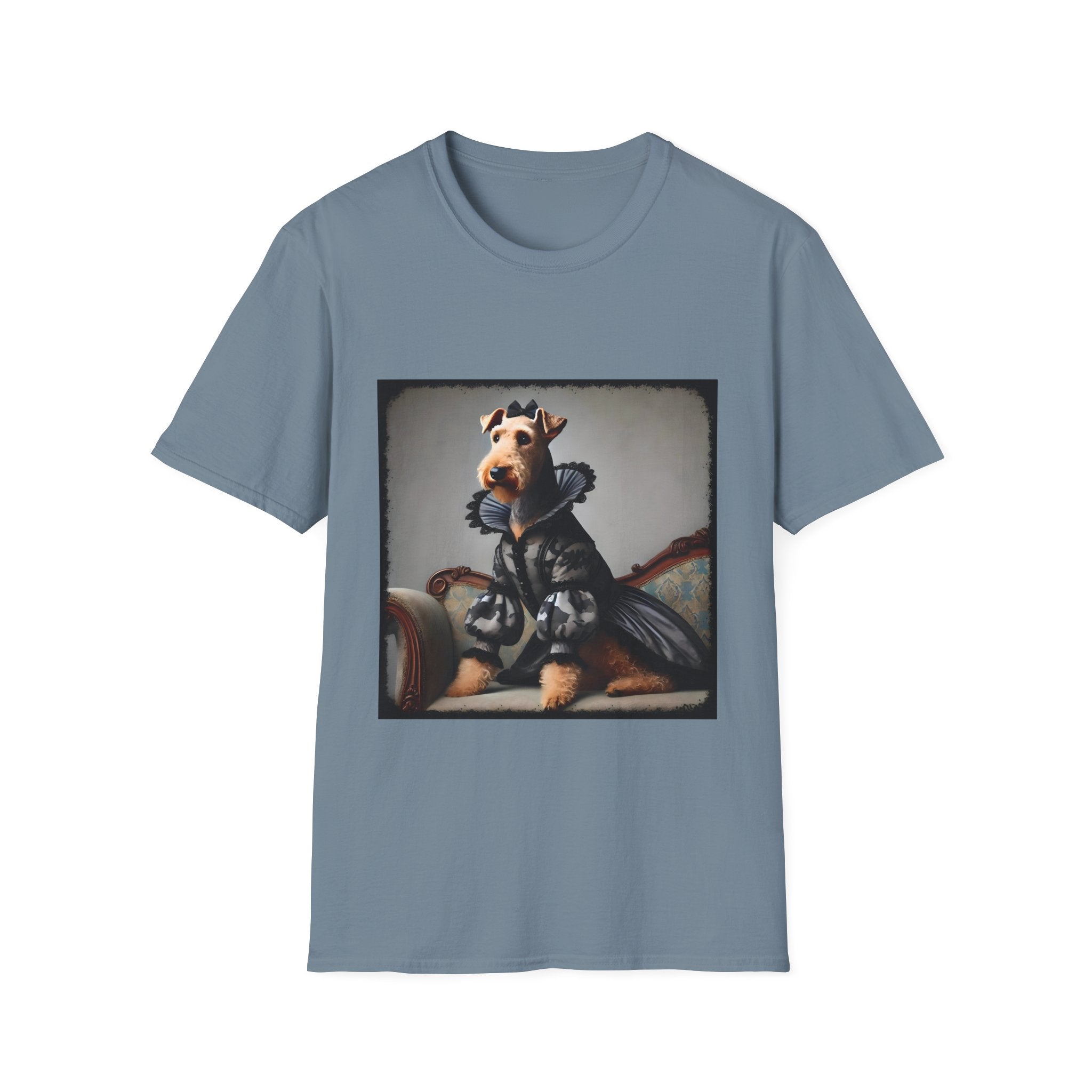Stone blue dog t-shirt featuring Airedale terrier in camouflage Renaissance gown seated on settee.