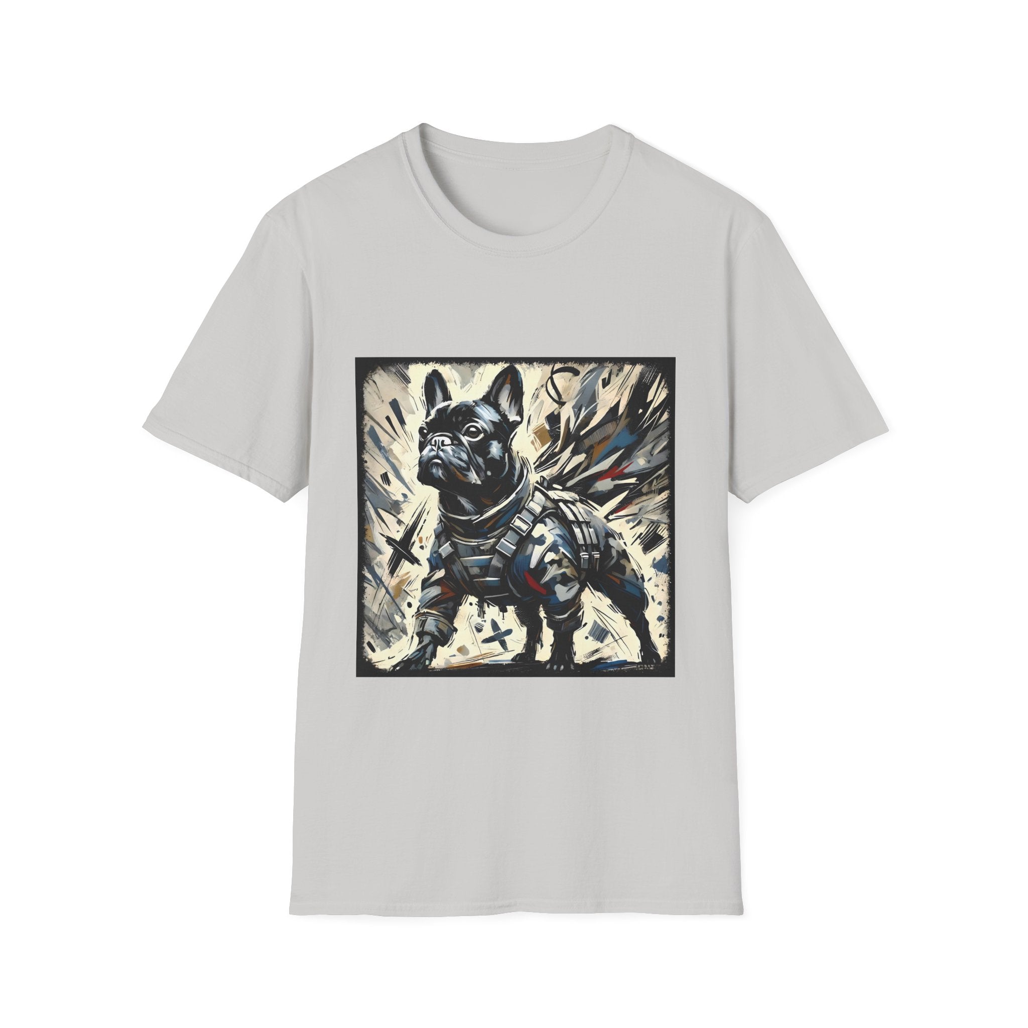 Ice gray dog t-shirt featuring heroic black French Bulldog in battle armor, set against abstract explosive strokes.