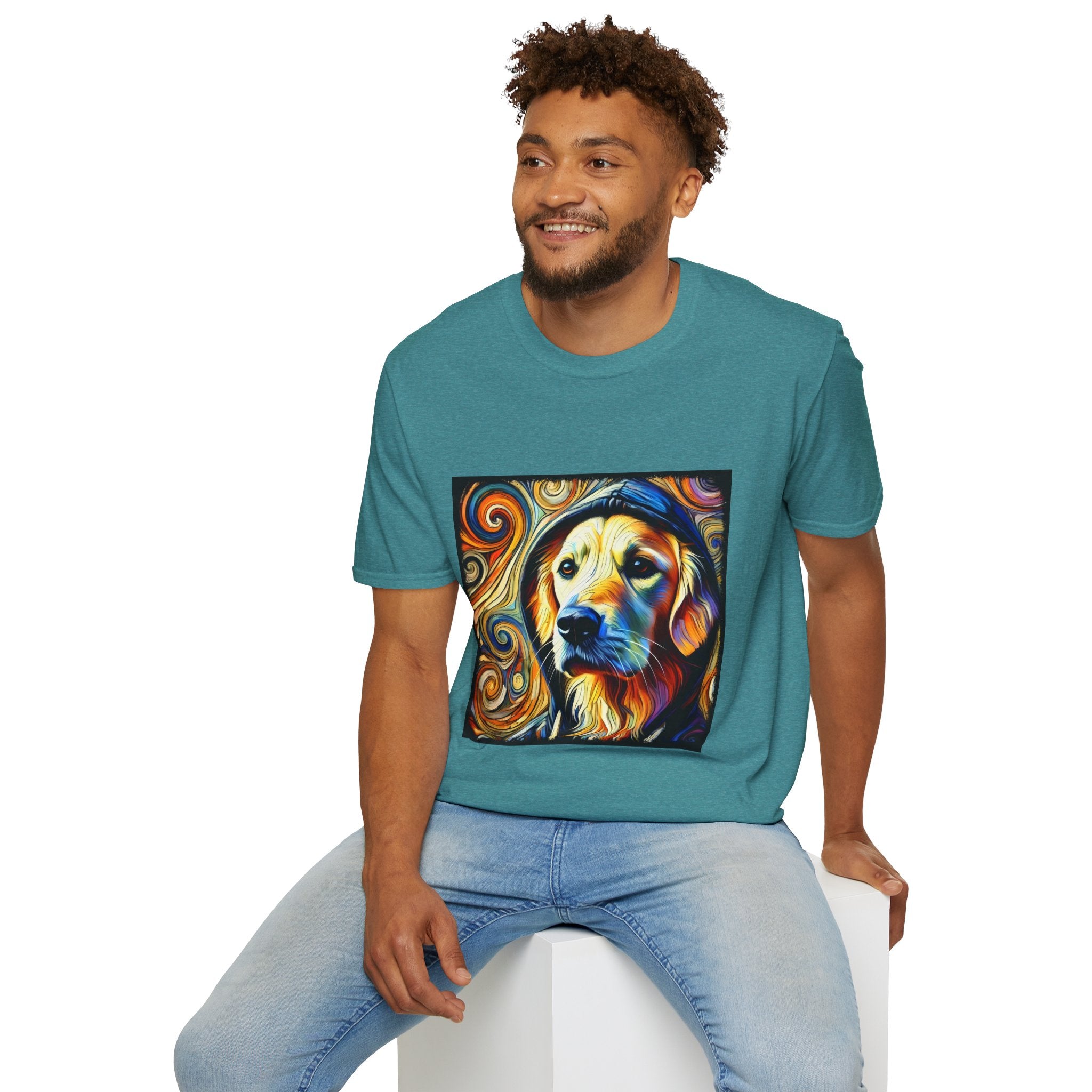 Male model in teal dog t-shirt with golden retriever in hoodie, swirled background in orange, yellow, and teal tones.