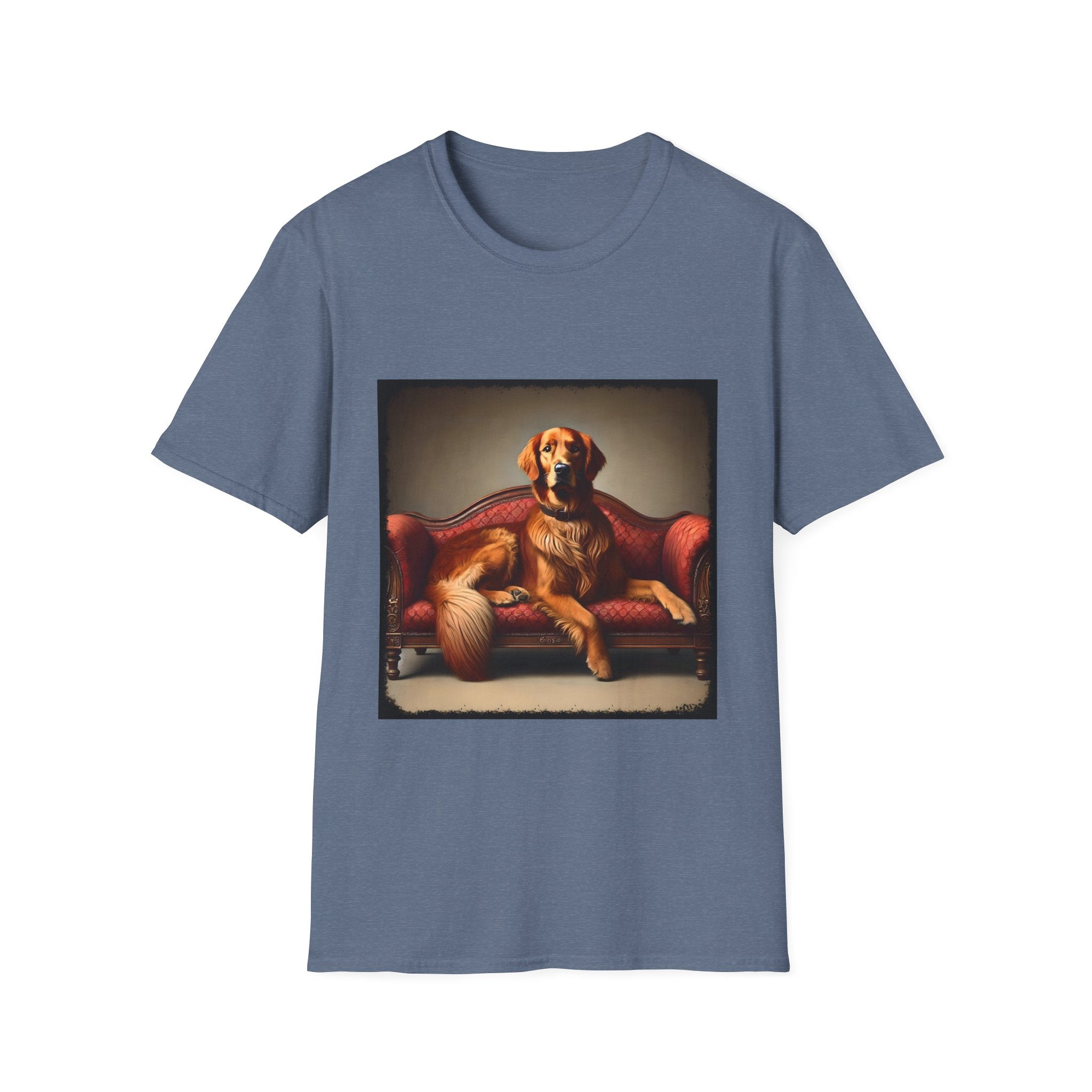 Heather indigo dog t-shirt with golden retriever lounging on vintage red settee with regal posture.