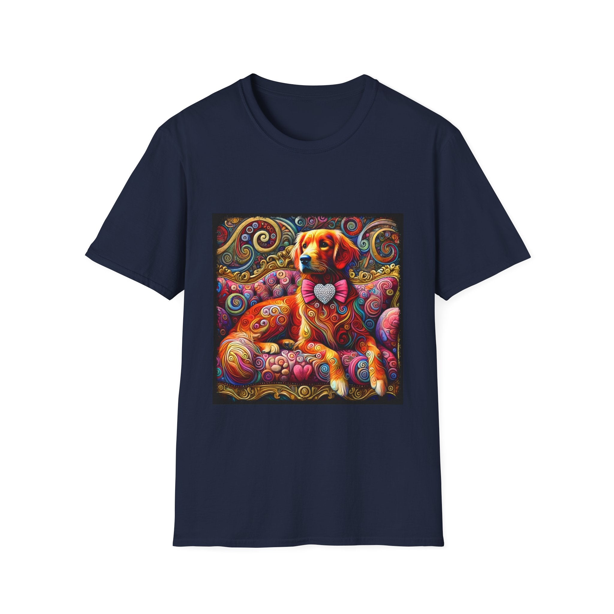 Navy dog t-shirt with golden retriever in pink bow on vibrant swirl settee with heart details.