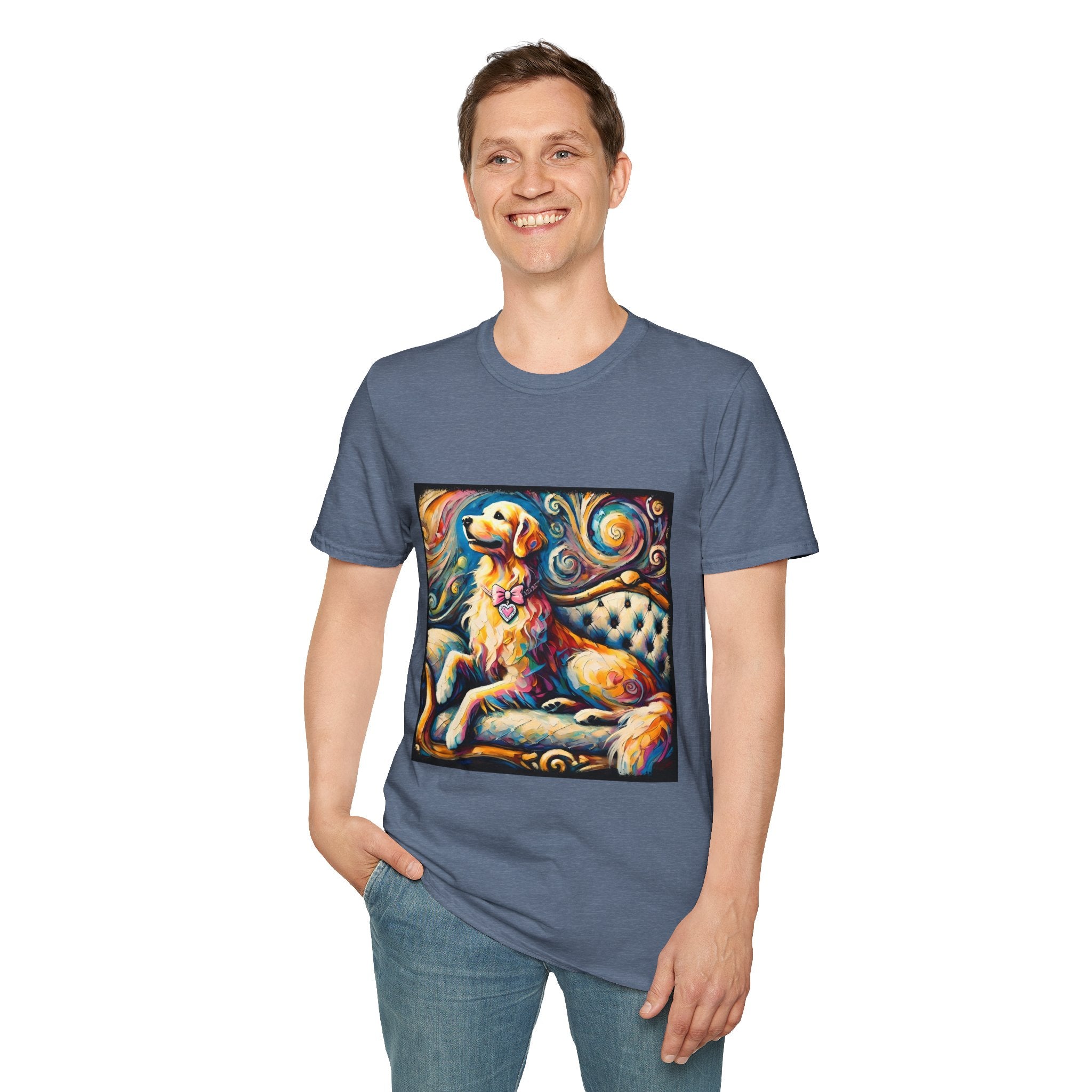 Male standing in heather indigo dog t-shirt featuring golden retriever with pink heart collar on colorful tufted settee.