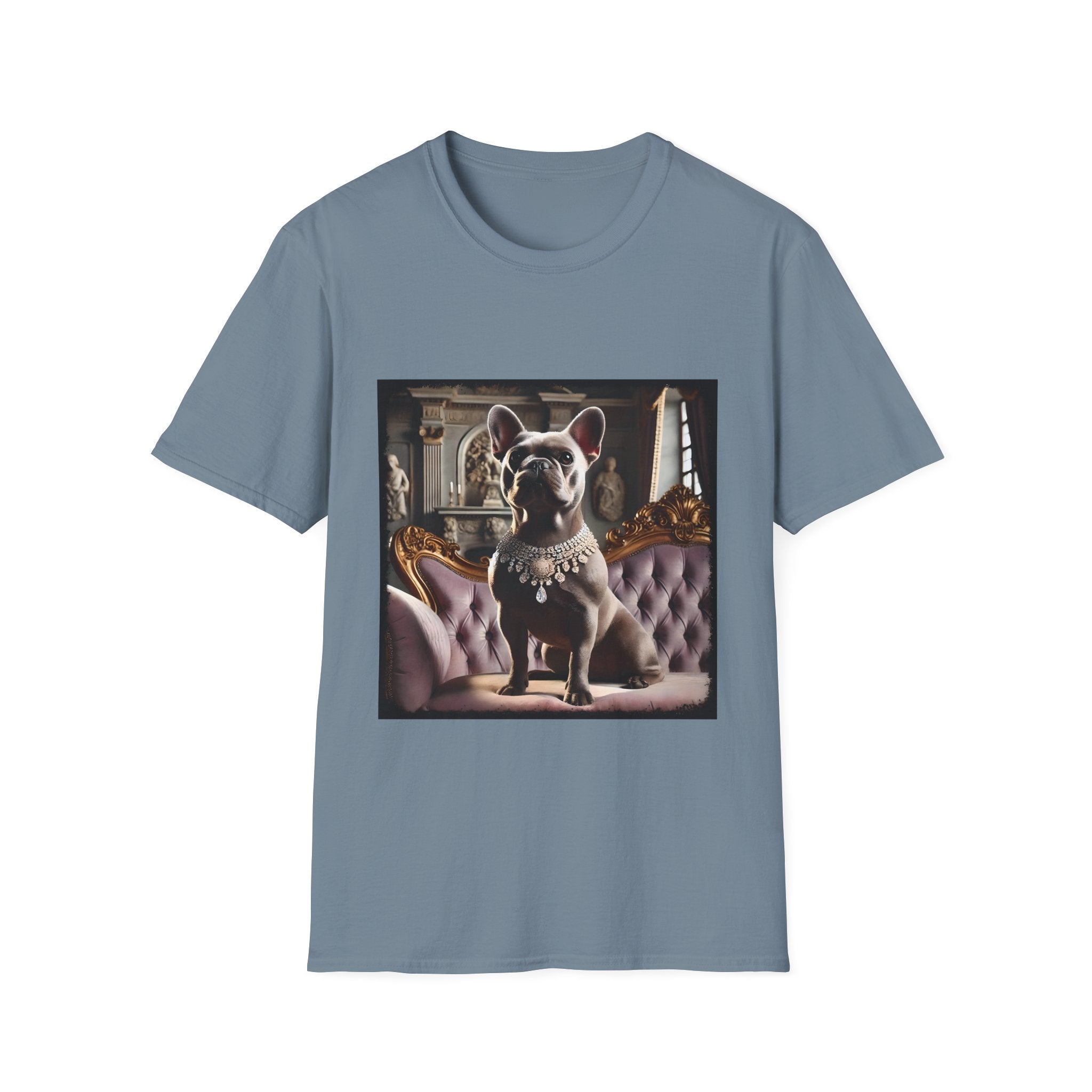 Stone blue dog t-shirt featuring gray French Bulldog in jeweled necklace on tufted settee with grand palace-style background.