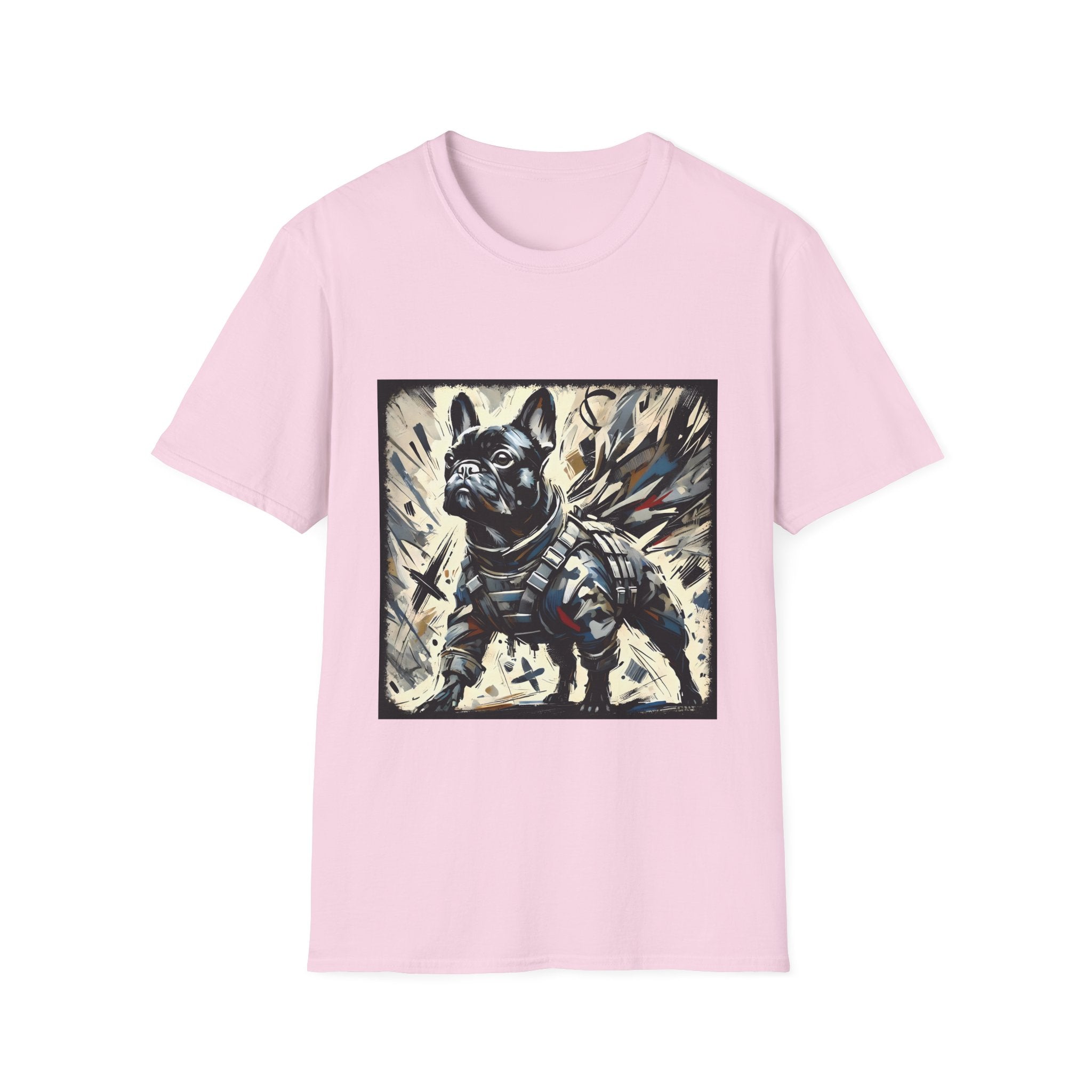 Light pink dog t-shirt featuring heroic black French Bulldog in battle armor, set against abstract explosive strokes.