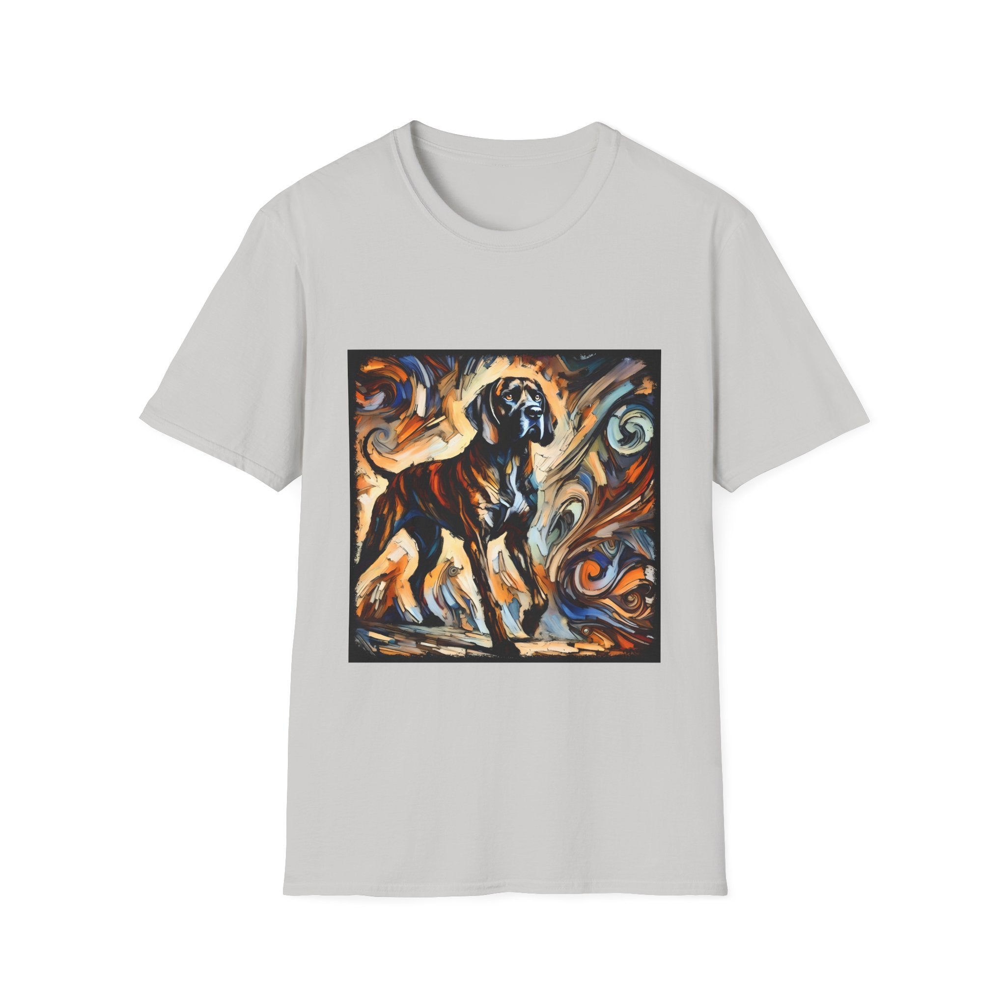 Ice gray dog t-shirt featuring a Coonhound with bold brush strokes in orange, blue, black, and cream.
