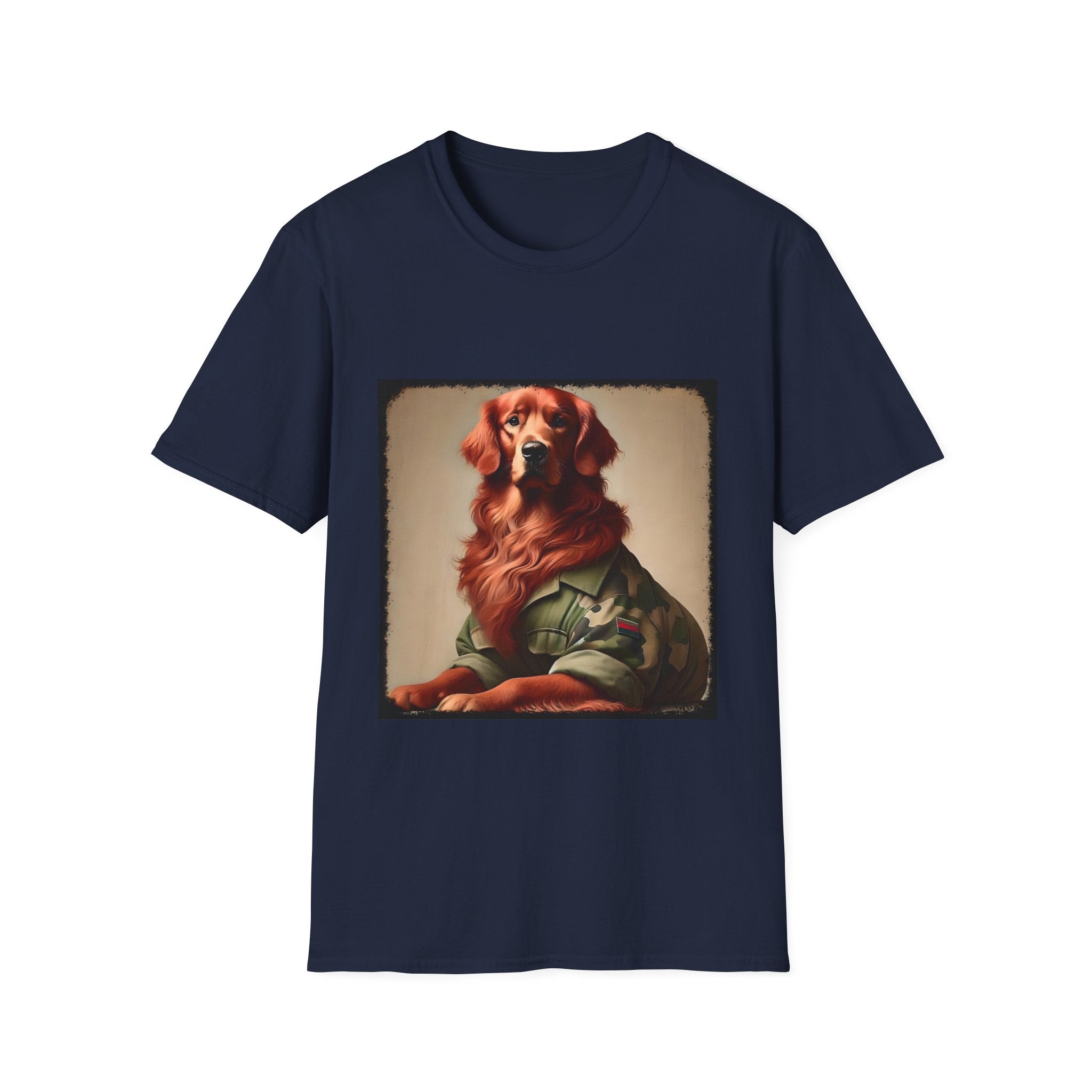 Navy dog t-shirt featuring golden retriever in camouflage jacket with flag patch, tan background.
