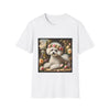 White t-shirt with a Bichon Frise graphic and floral design on a white background