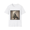 White dog t-shirt featuring Westie in camouflage jacket and pleated skirt against neutral backdrop.