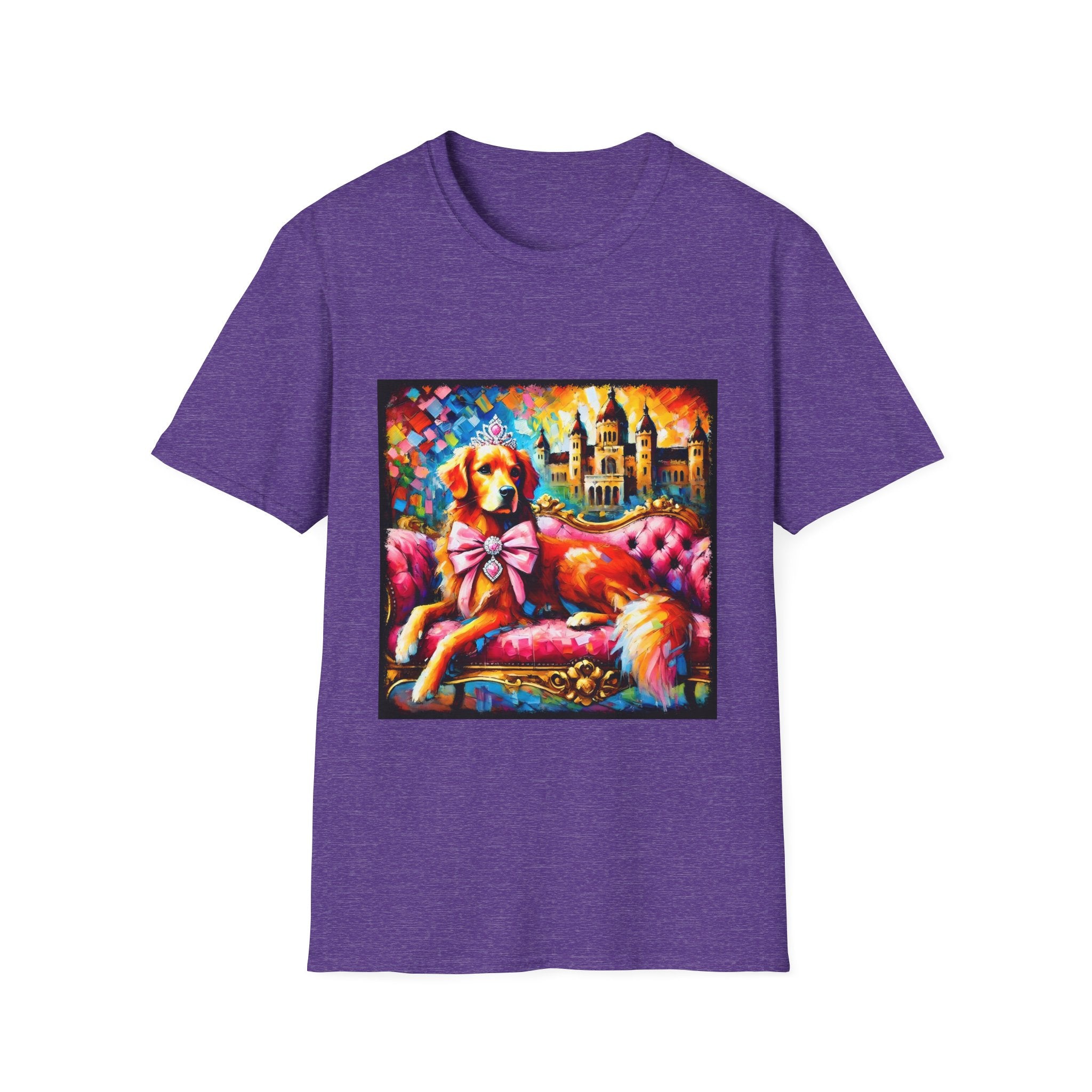 Heather purple dog t-shirt featuring golden retriever princess on pink settee with tiara and castle backdrop.