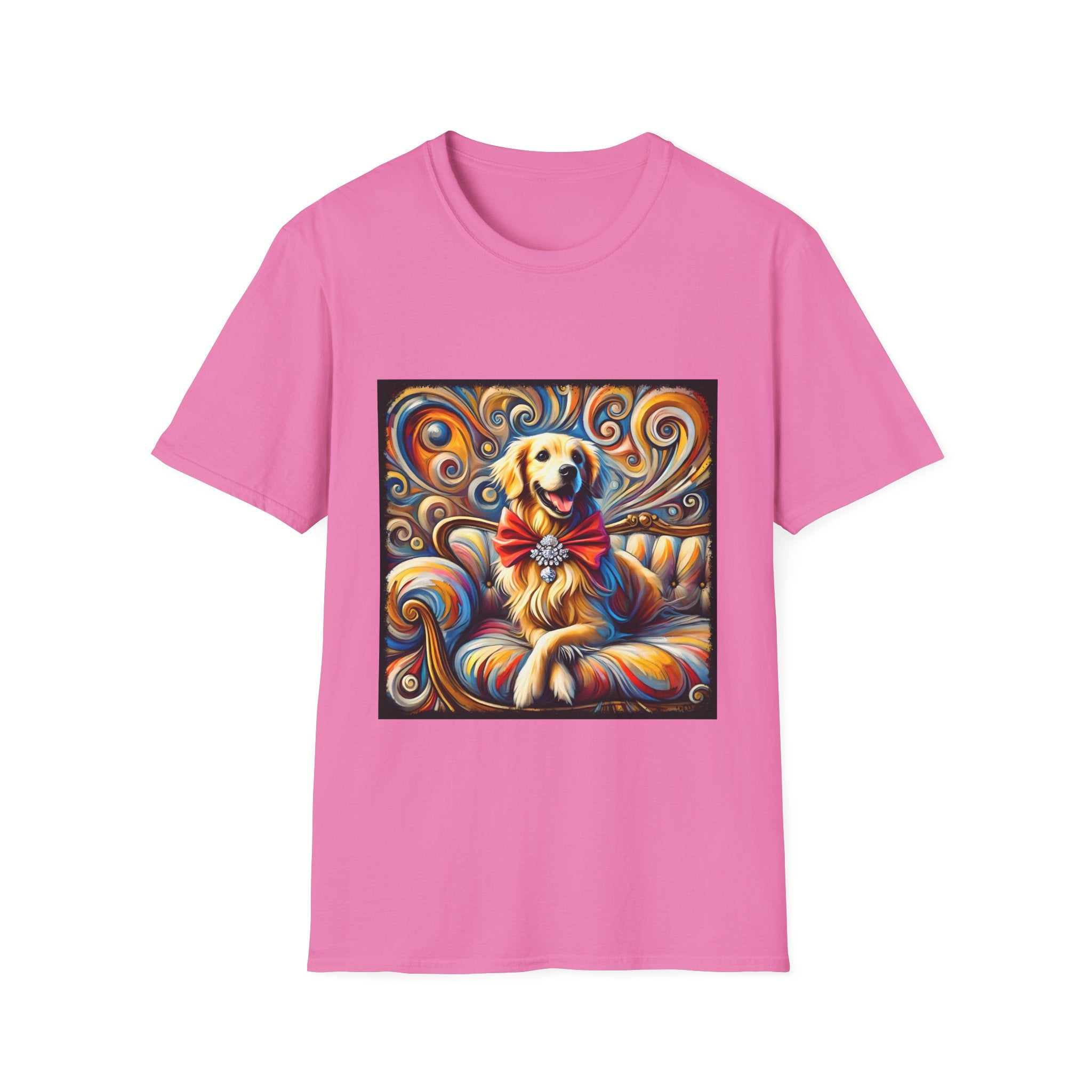 Pink dog t-shirt featuring golden retriever with red bow on colorful swirl settee background.