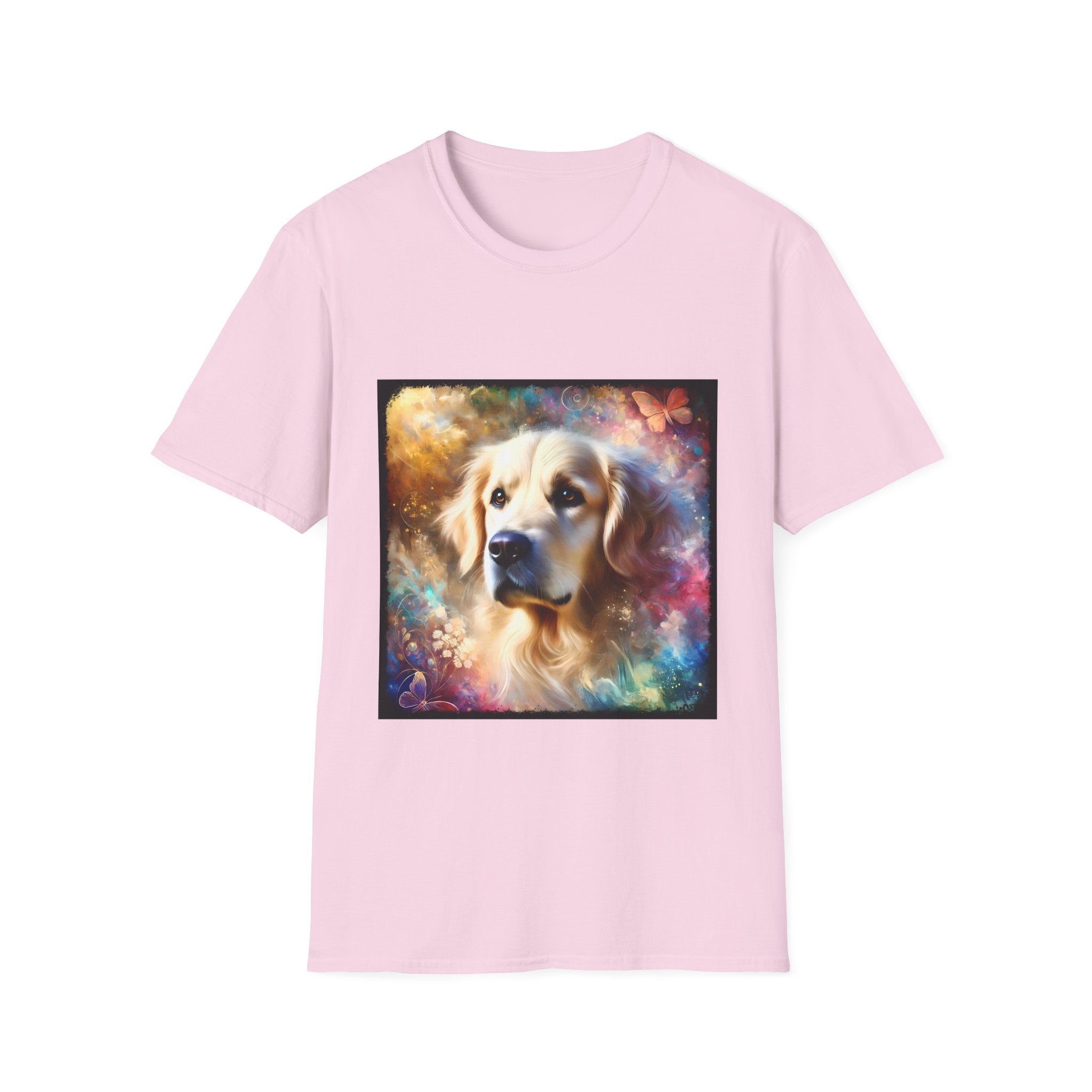 Light pink dog t-shirt with golden retriever portrait, soft fur, butterflies, and dreamy pastel colors.