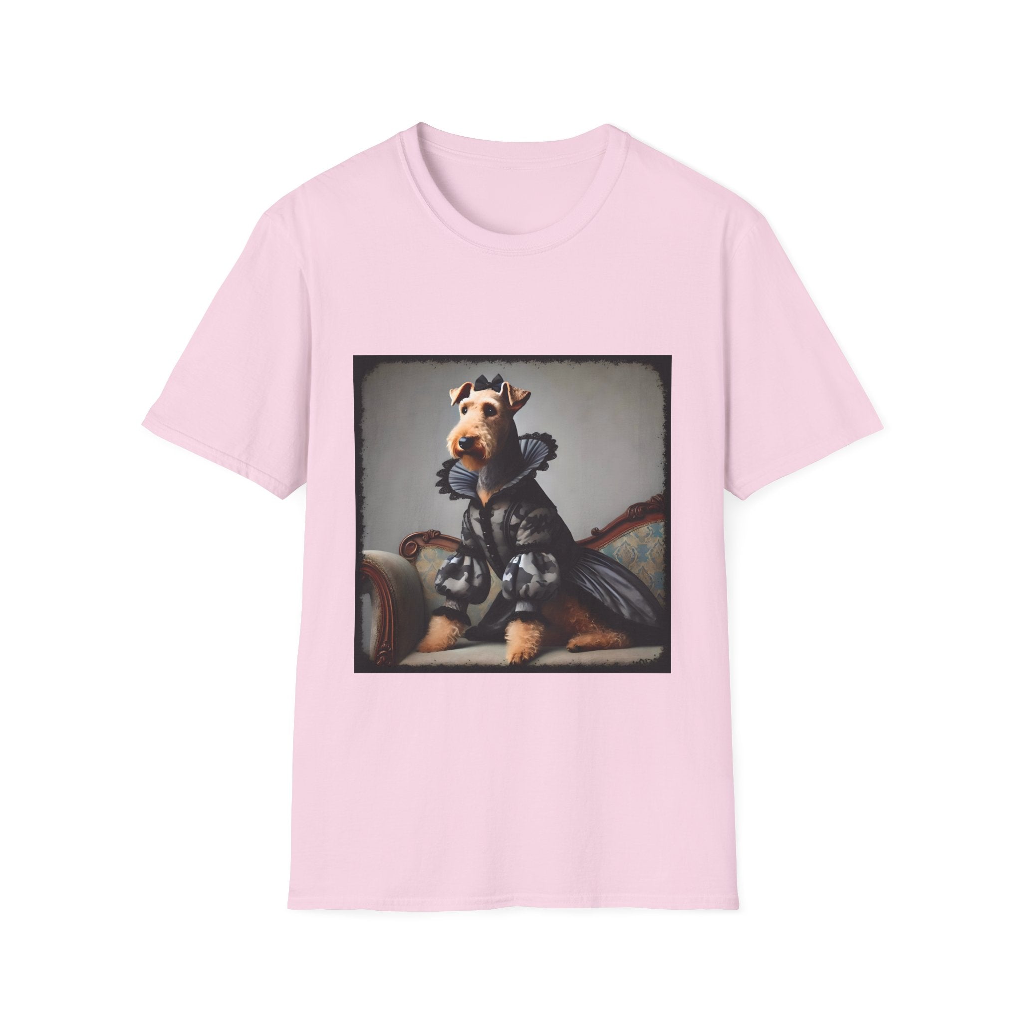 Light pink dog t-shirt featuring Airedale terrier in camouflage Renaissance gown seated on settee.