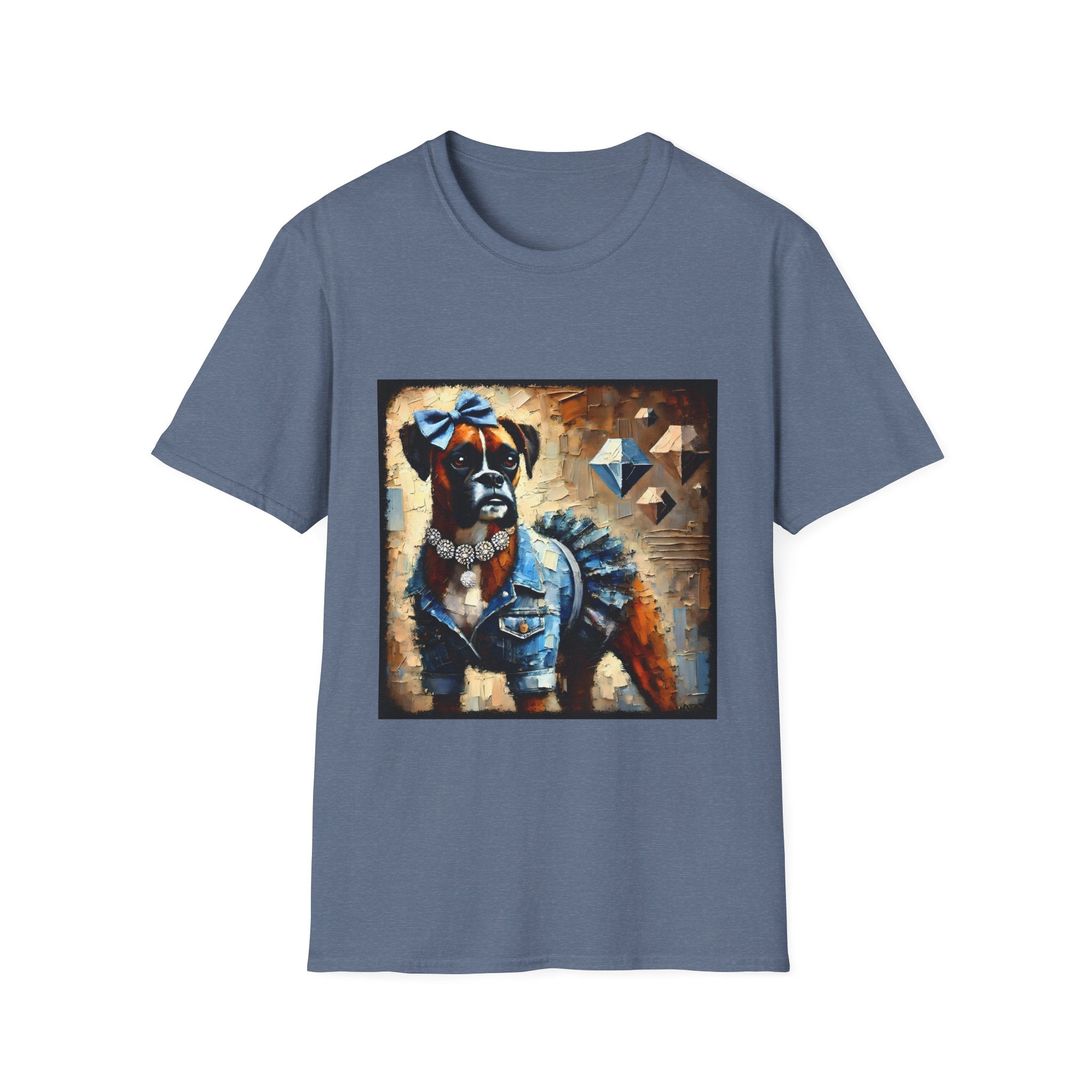 Heather indigo dog t-shirt with boxer in denim ruffle dress, blue bow, diamond collar, and abstract gem background.