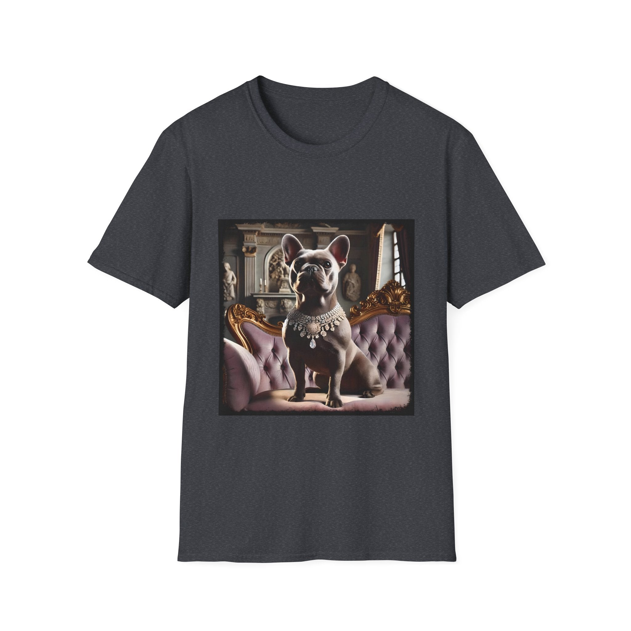 Dark Heather Gray dog t-shirt featuring gray French Bulldog in jeweled necklace on tufted settee with grand palace-style background.