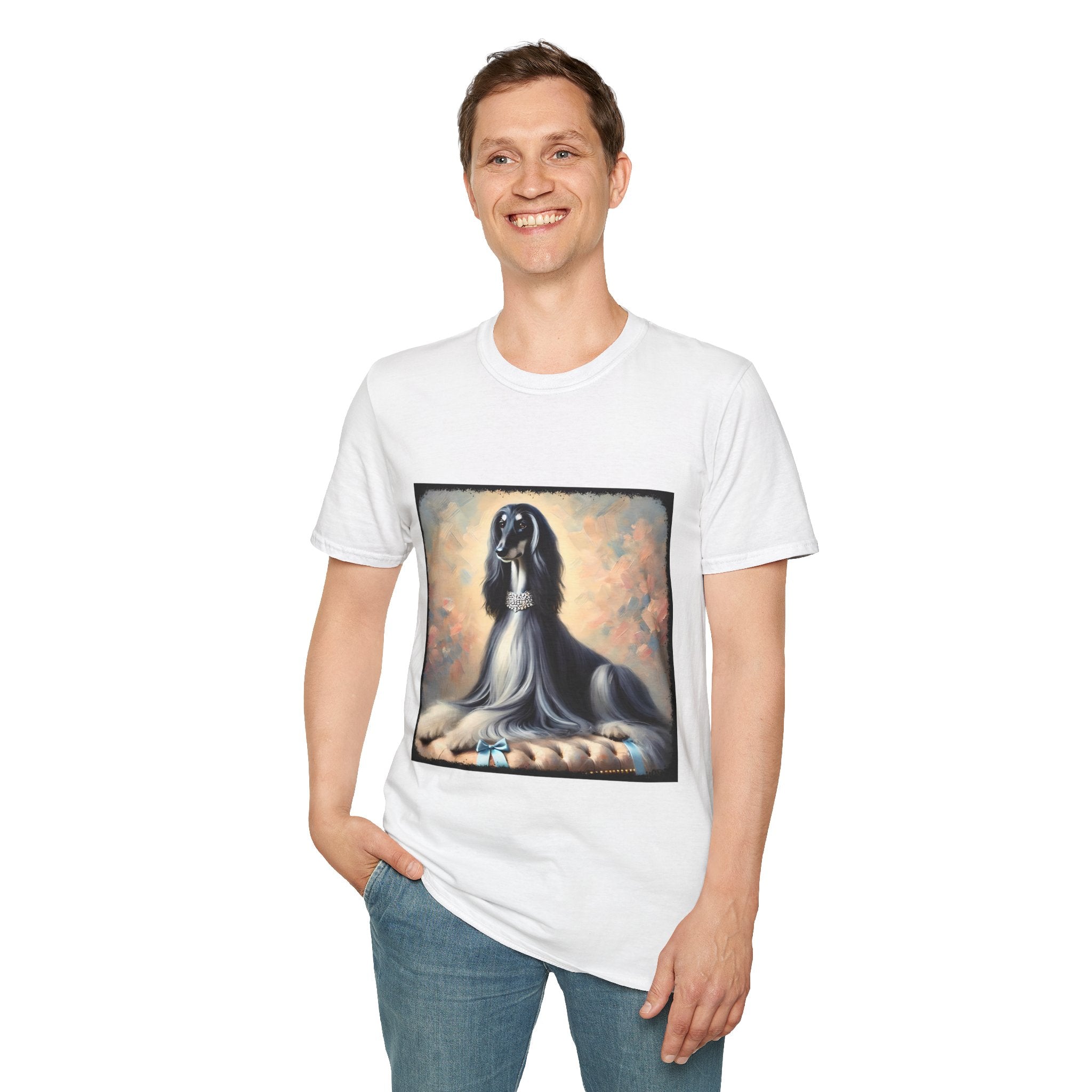 Front view of male wearing white dog t-shirt featuring black and white Afghan Hound on cushion with diamond necklace, pastel background