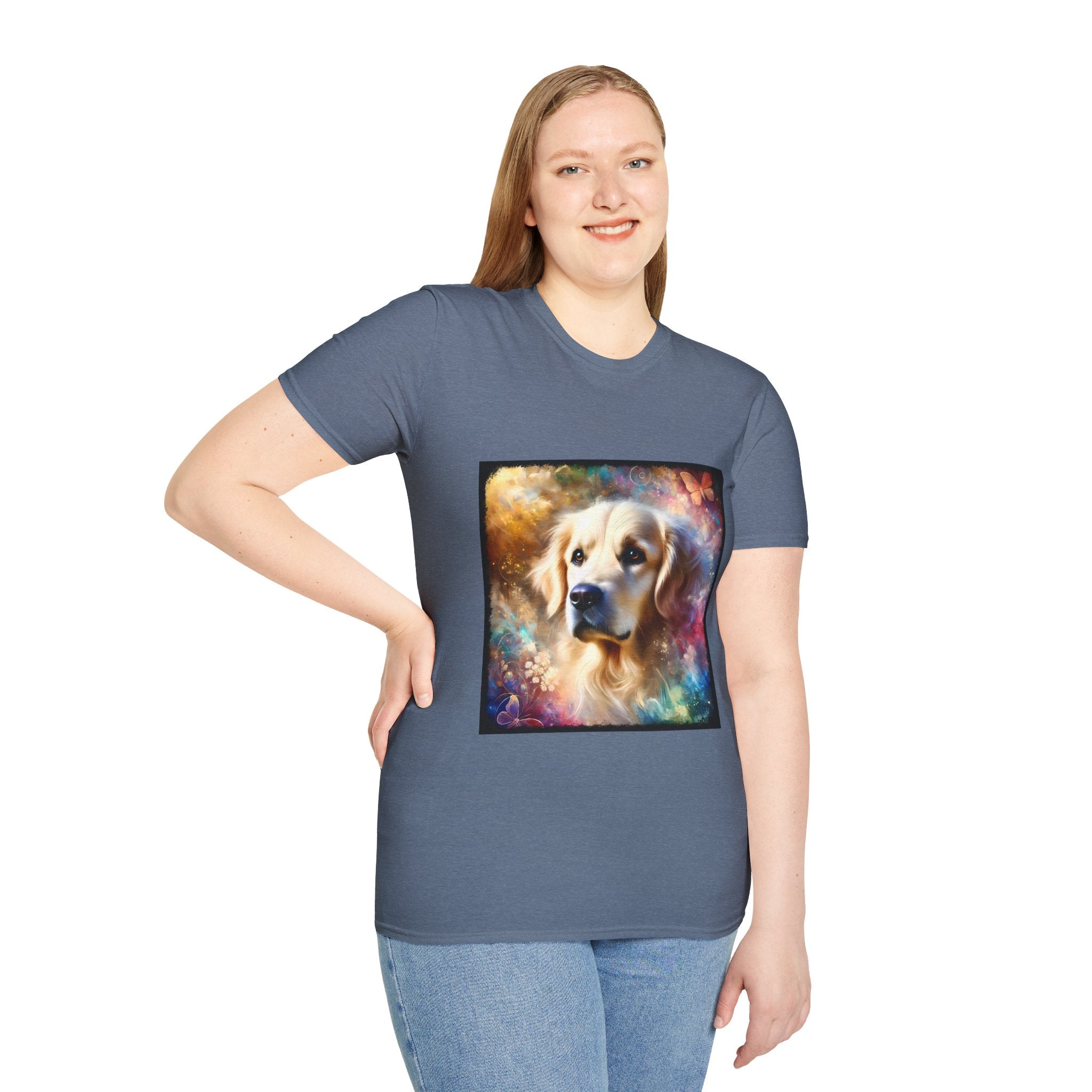 Female model in heather indigo dog t-shirt with golden retriever portrait, soft fur, butterflies, and dreamy pastel colors.