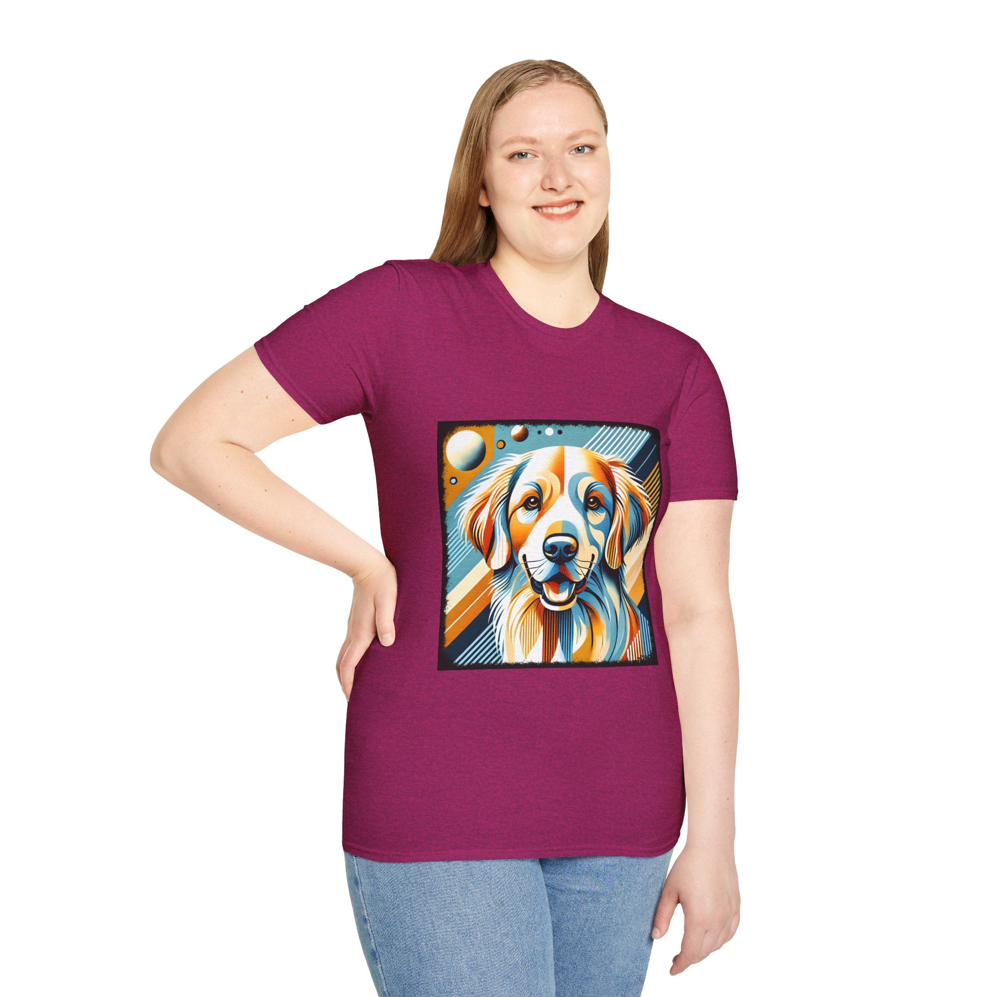 Female model in heather raspberry dog t-shirt featuring smiling golden retriever in abstract pop style with blue, orange, and cream tones.