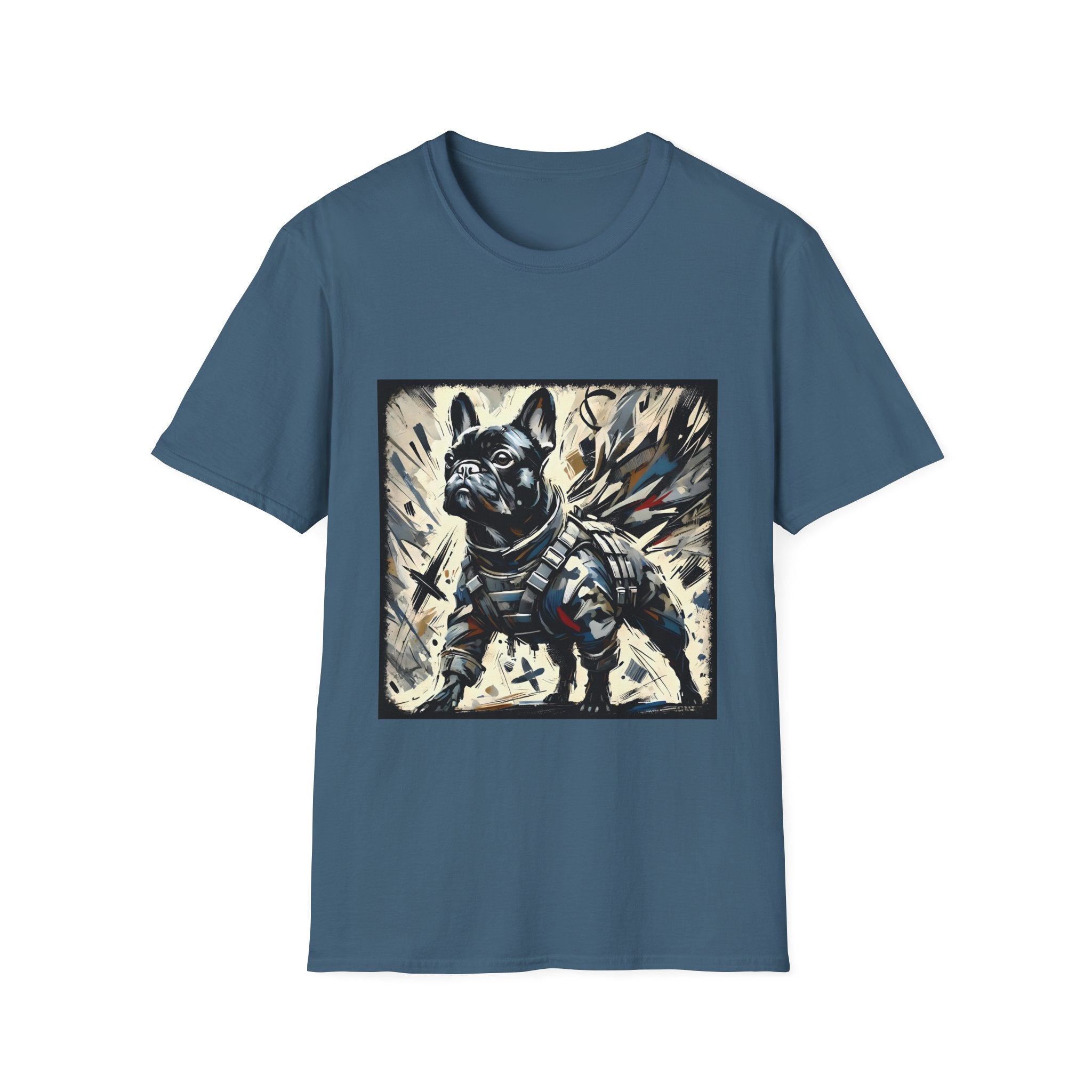 Indigo blue dog t-shirt featuring heroic black French Bulldog in battle armor, set against abstract explosive strokes.