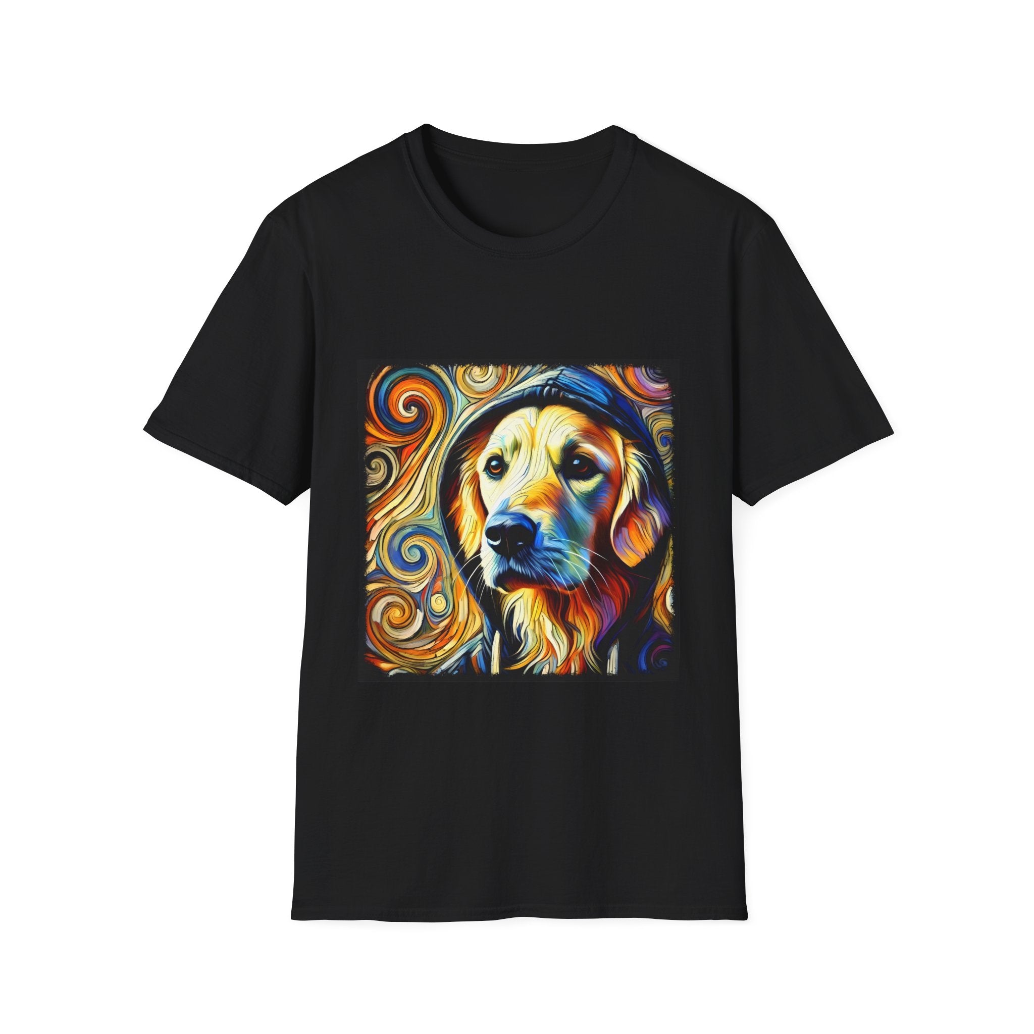 Black dog t-shirt with golden retriever in hoodie, swirled background in orange, yellow, and teal tones.