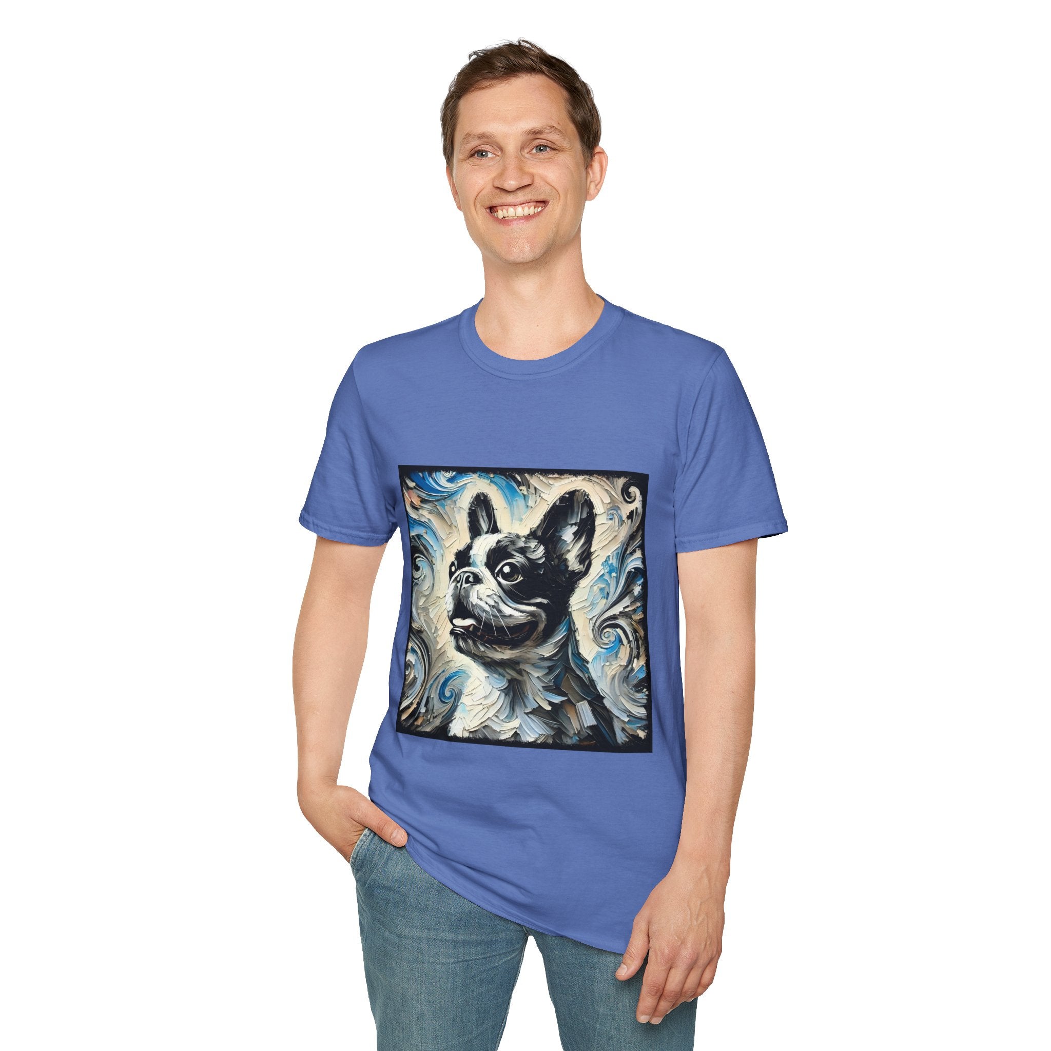 Man smiling in iris dog t-shirt with black and white French Bulldog portrait on swirl-patterned vintage background.