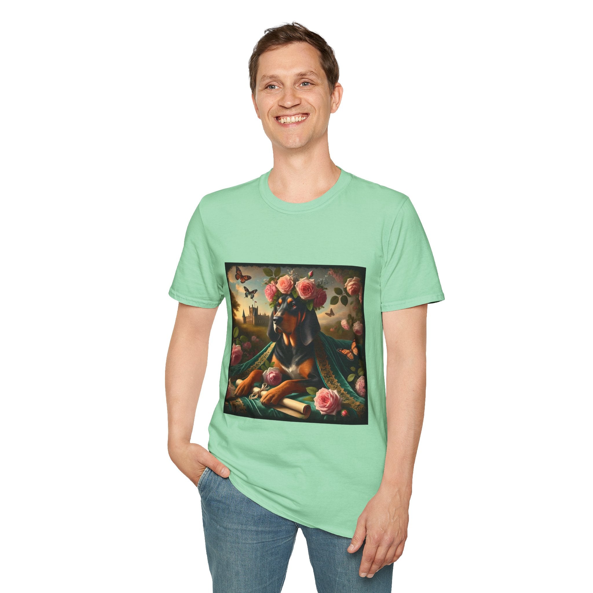 Male model in mint green dog t-shirt featuring coonhound in rose garden wearing green embroidered cape and crown of pink flowers.
