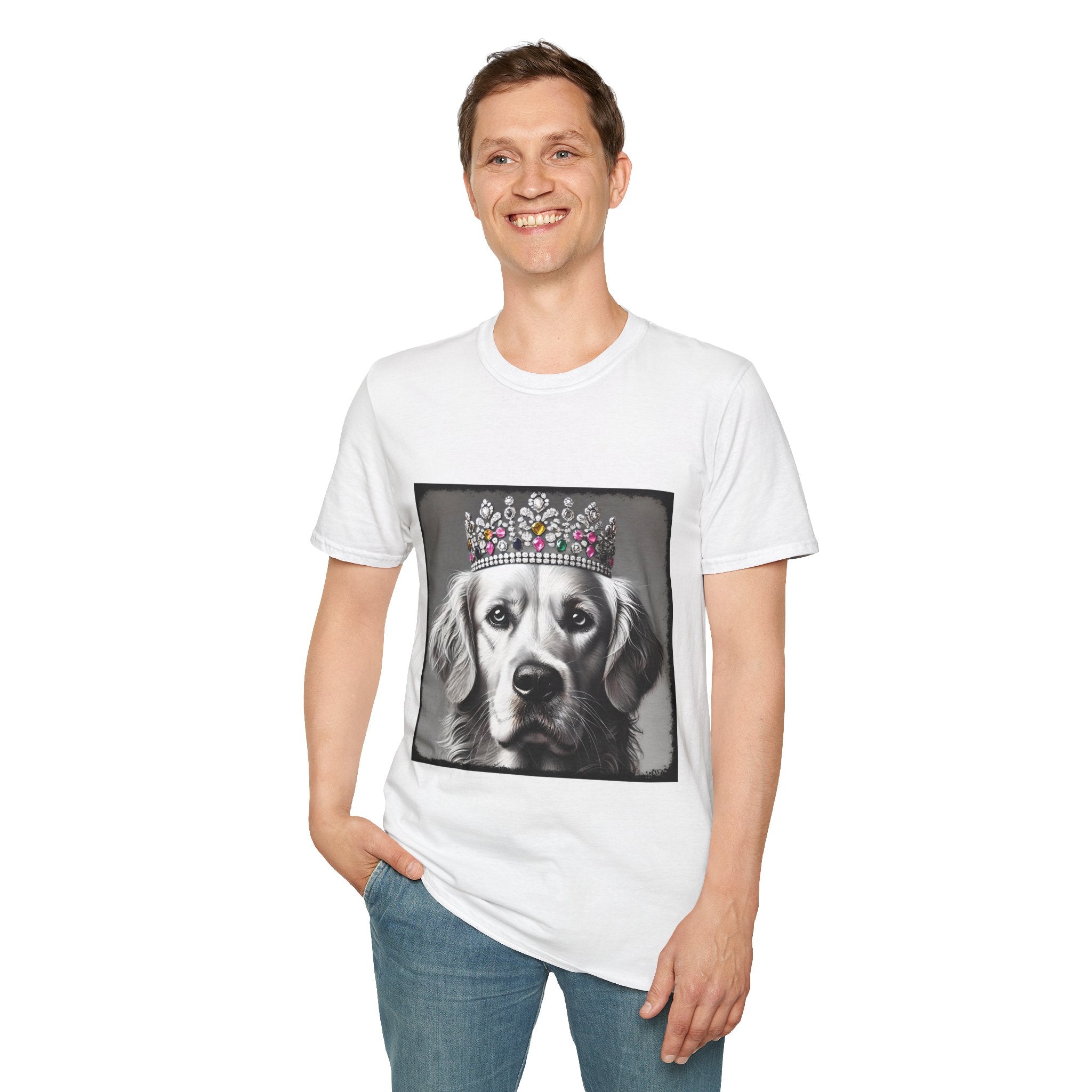 Male model wears white dog t-shirt featuring a black-and-white princess Golden Retriever with jeweled crown on gray background.