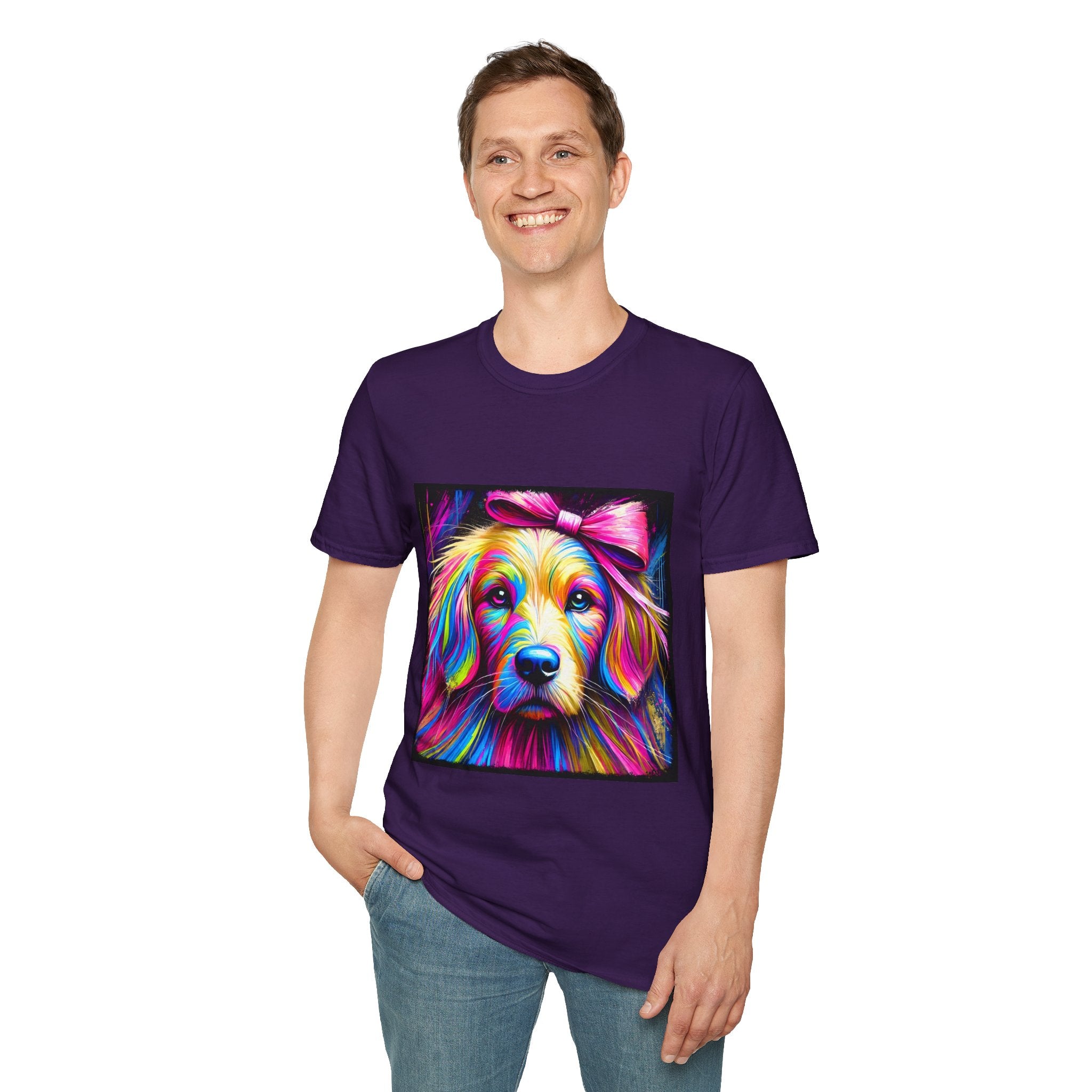 Male model in purple dog t-shirt featuring neon-colored golden retriever with pink bow on vibrant electric abstract backdrop.