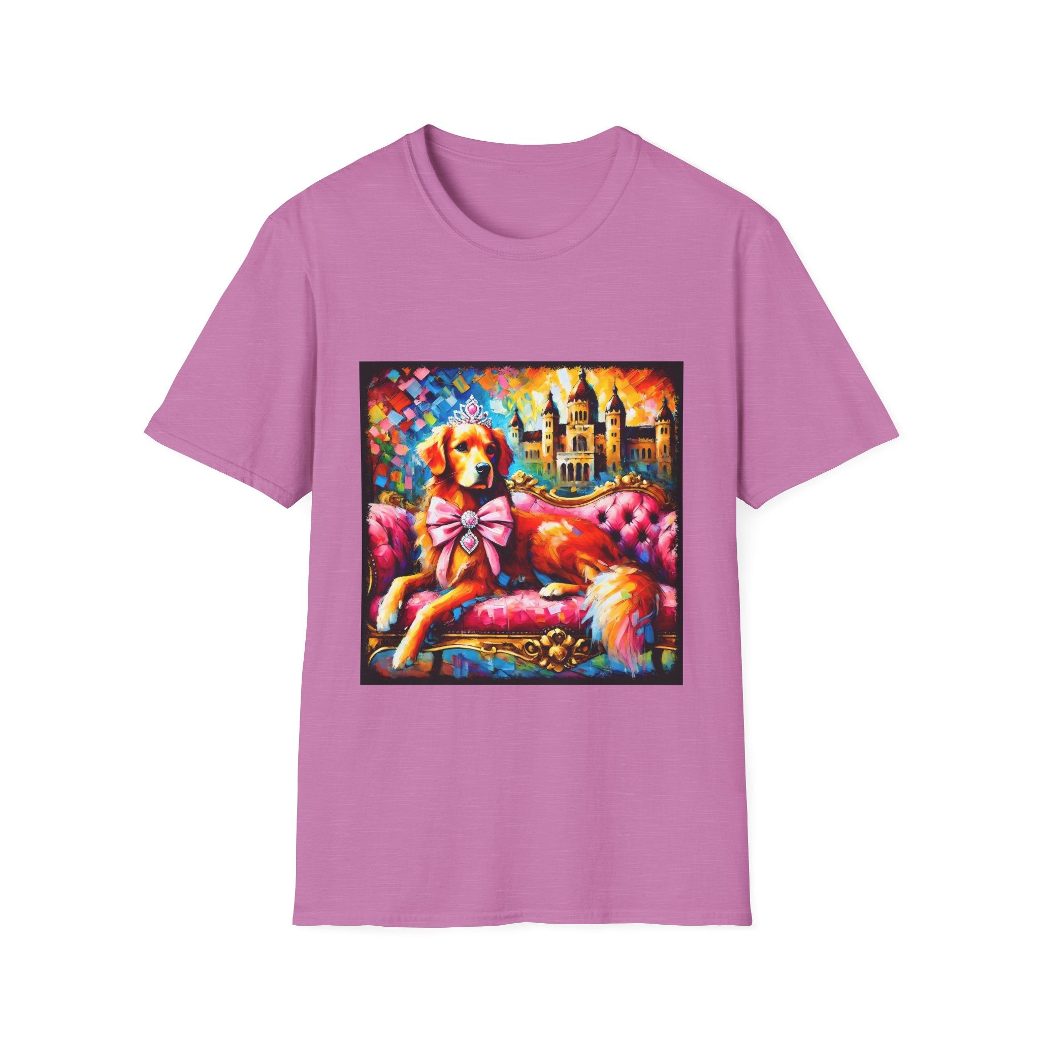 Orchid dog t-shirt featuring golden retriever princess on pink settee with tiara and castle backdrop.