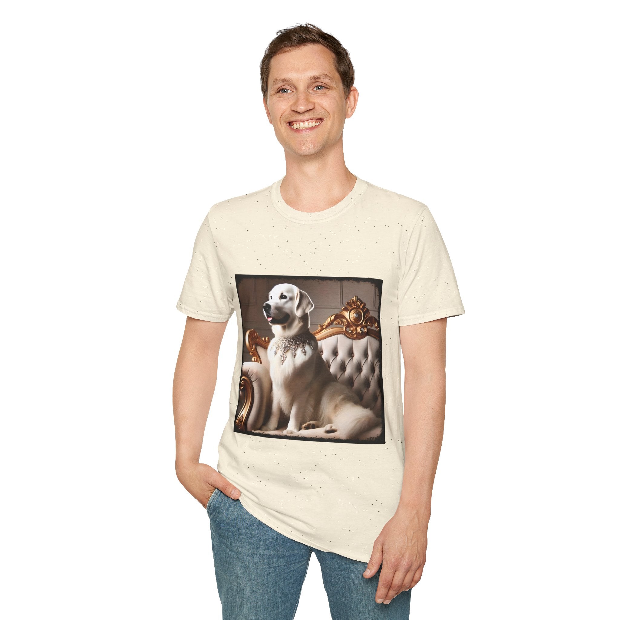 Male model wears natural dog t-shirt featuring a white golden retriever in a jeweled collar on a gold-trimmed tufted settee.