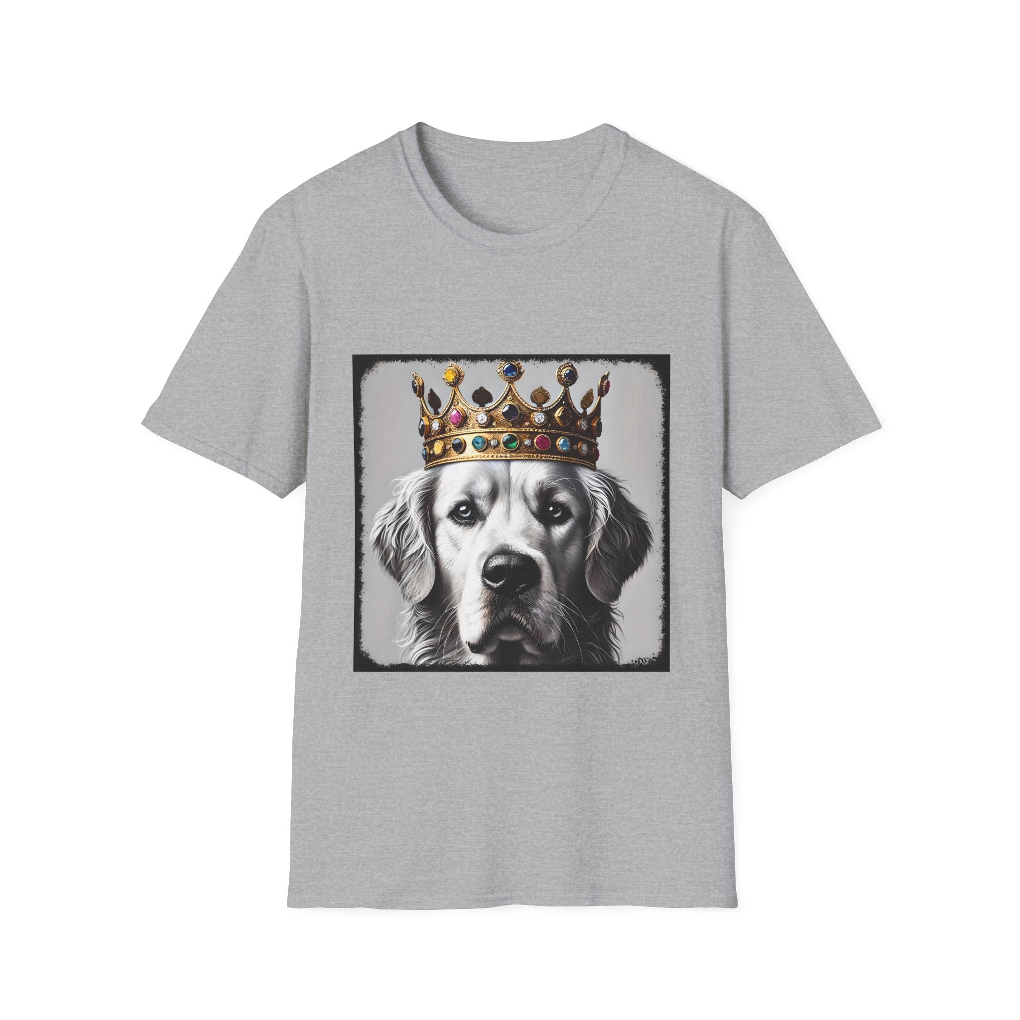 Sport gray dog t-shirt featuring a black-and-white golden retriever in jeweled crown on gray backdrop.