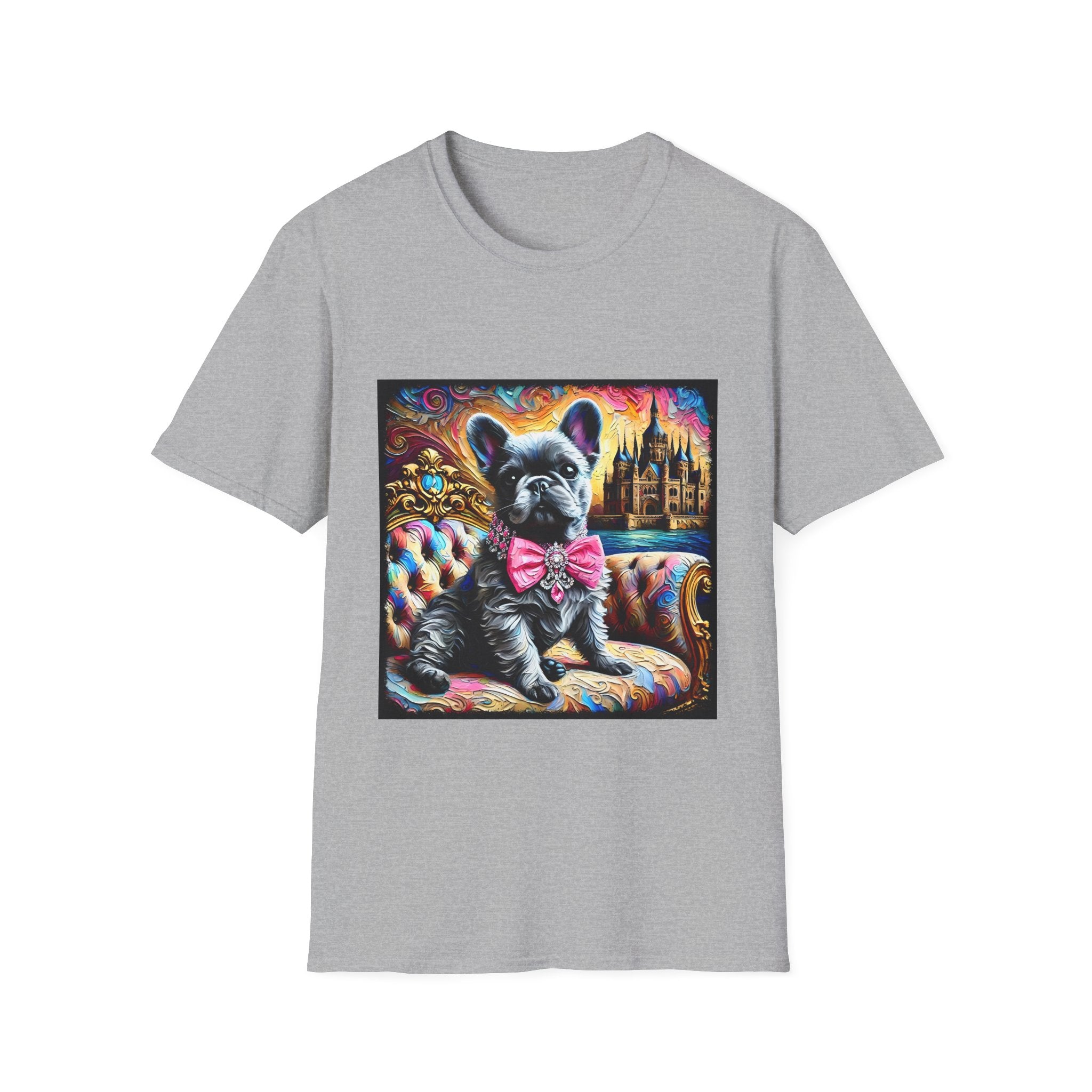 Grey dog t-shirt featuring a black French Bulldog in pink bow on ornate settee, with vivid castle and swirl background.