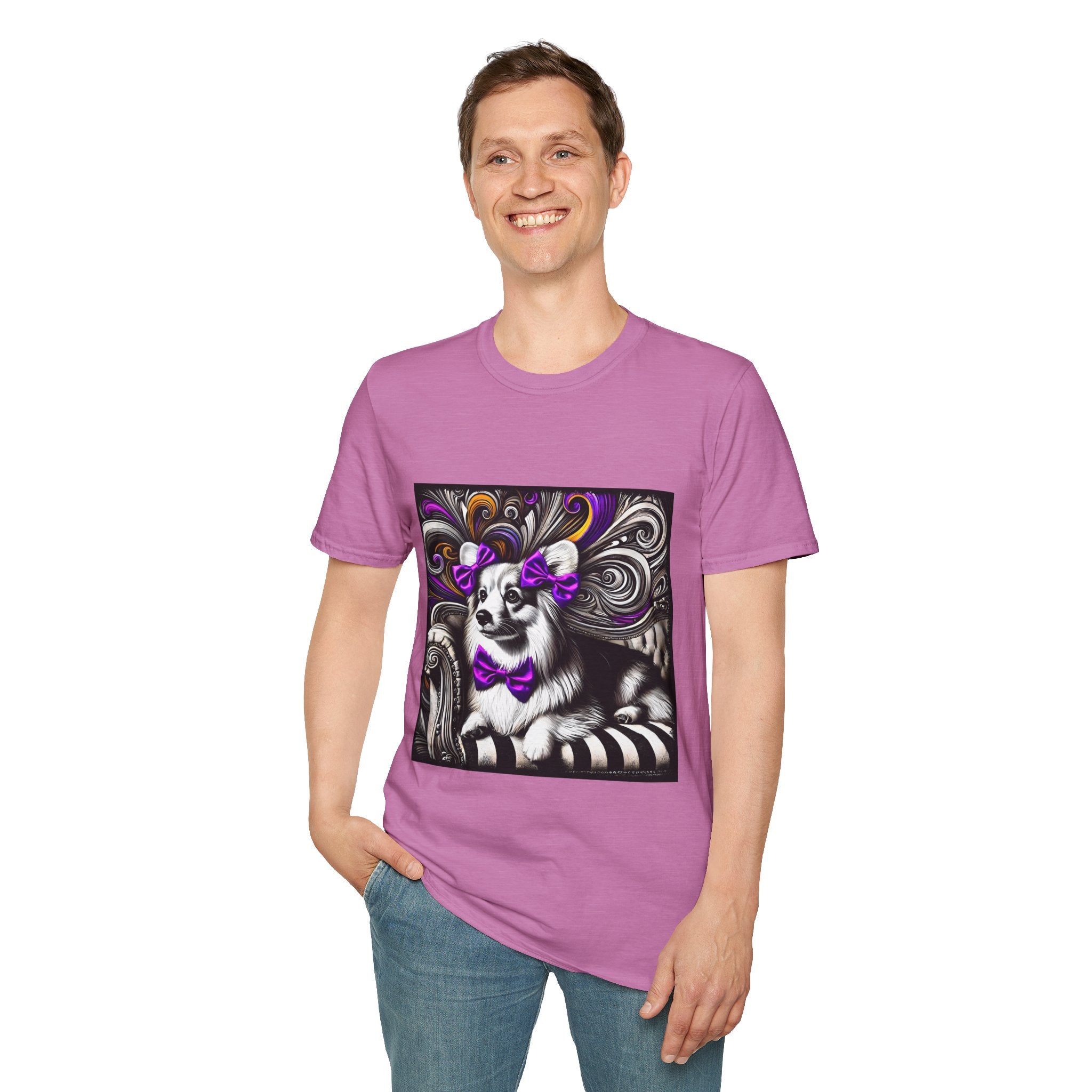 Pembroke Welsh Corgi B&W Purple Bow | Unisex Dog T-Shirt