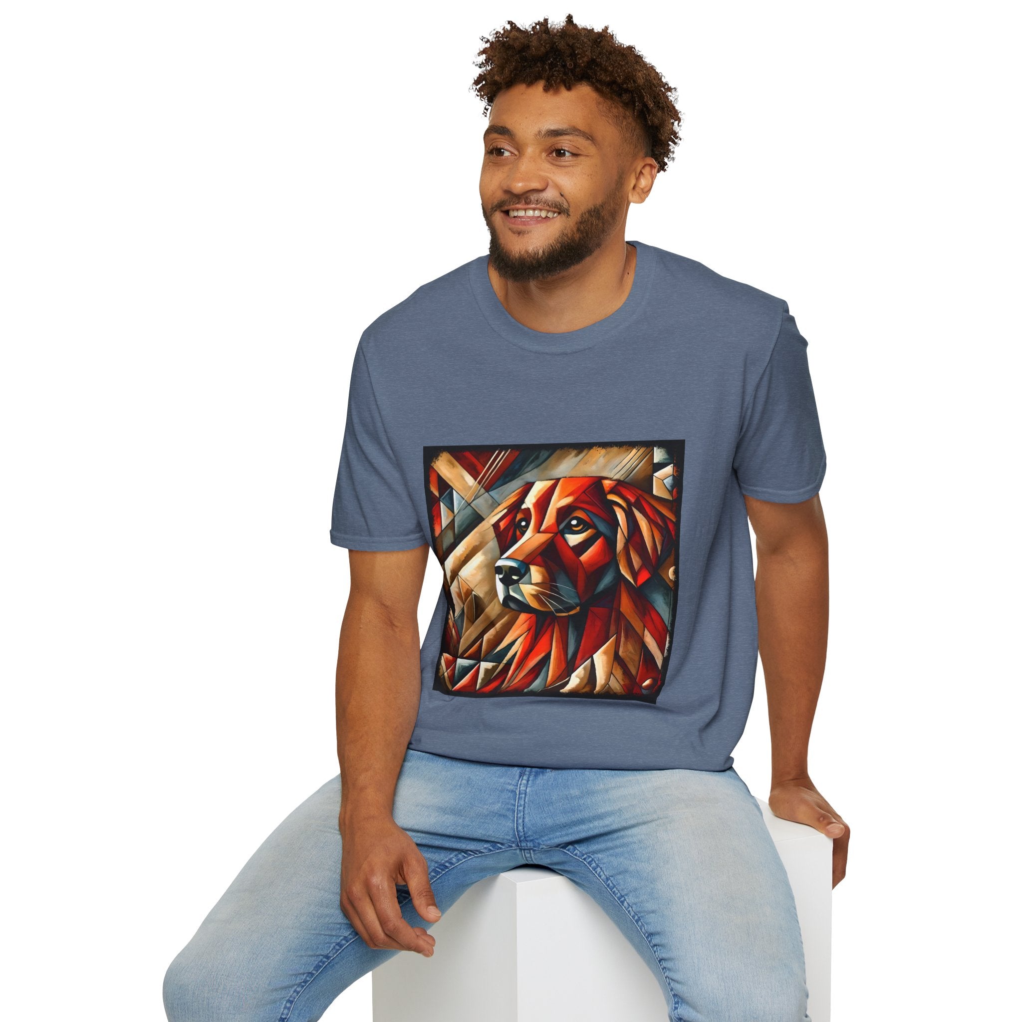 Male model in heather indigo dog t-shirt featuring red geometric golden retriever portrait in cubist style with bold angles.