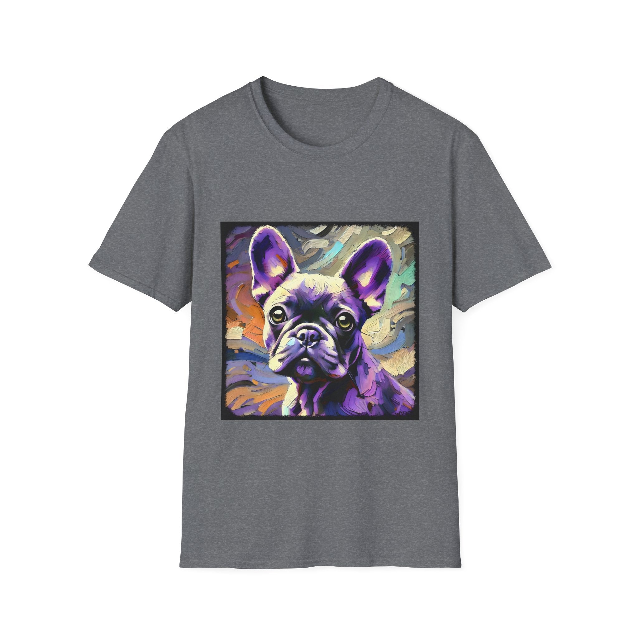 Graphite heather dog t-shirt featuring a lavender purple French Bulldog with swirling brushstrokes of teal, orange, and cream.