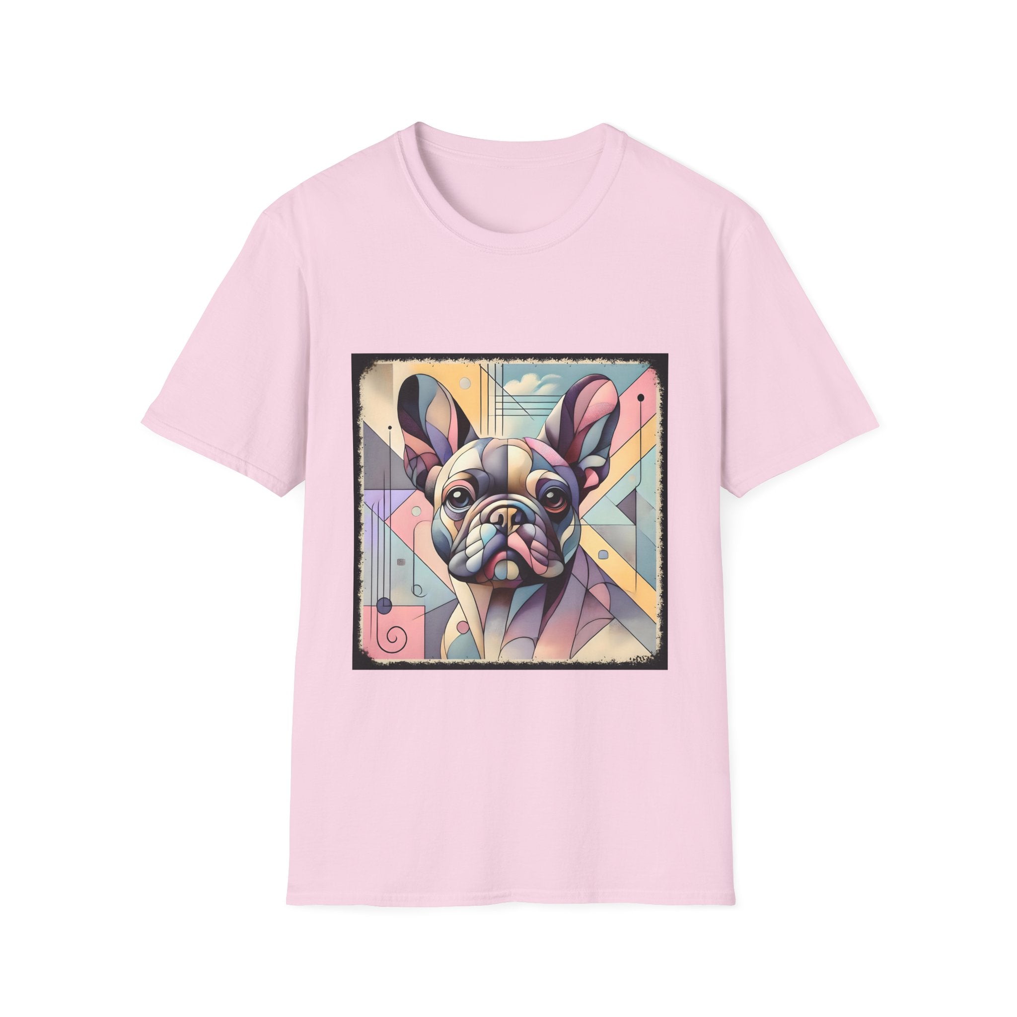 Light pink shirt with Cubism-style French Bulldog design in soft pastel colors and abstract shapes.