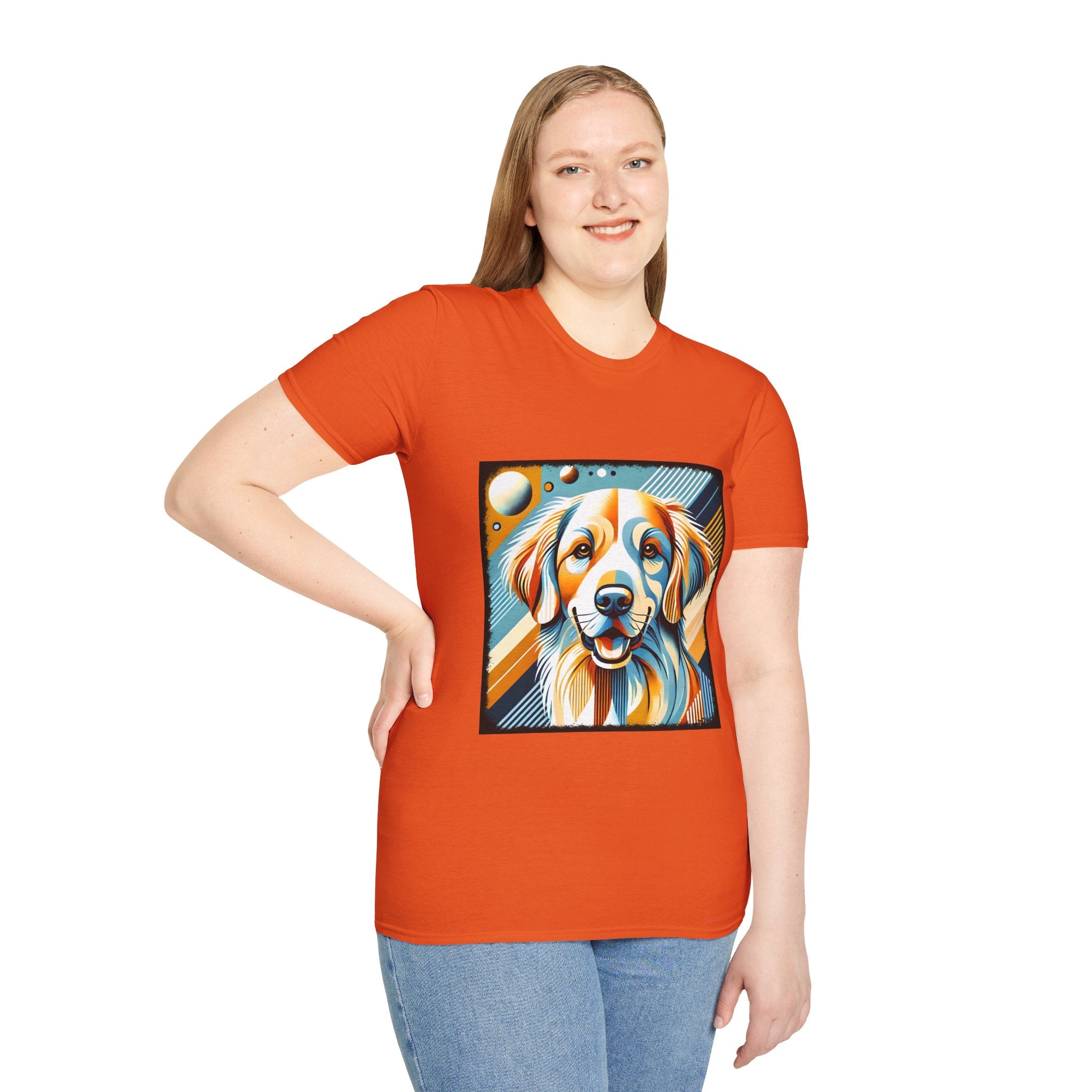Female model in orange dog t-shirt featuring smiling golden retriever in abstract pop style with blue, orange, and cream tones.