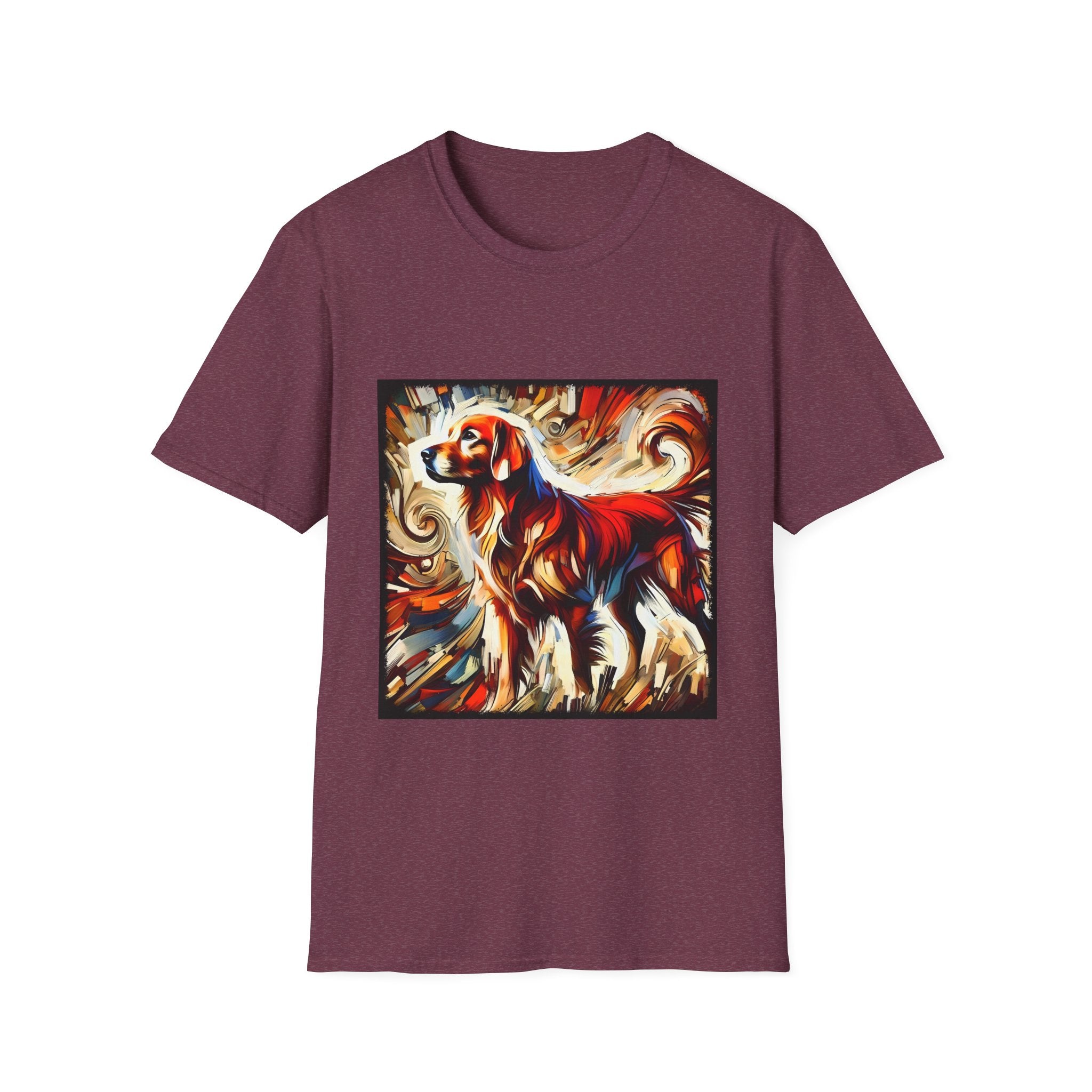 Heather maroon dog t-shirt with golden retriever in red coat, abstract swirl background in bold warm tones.