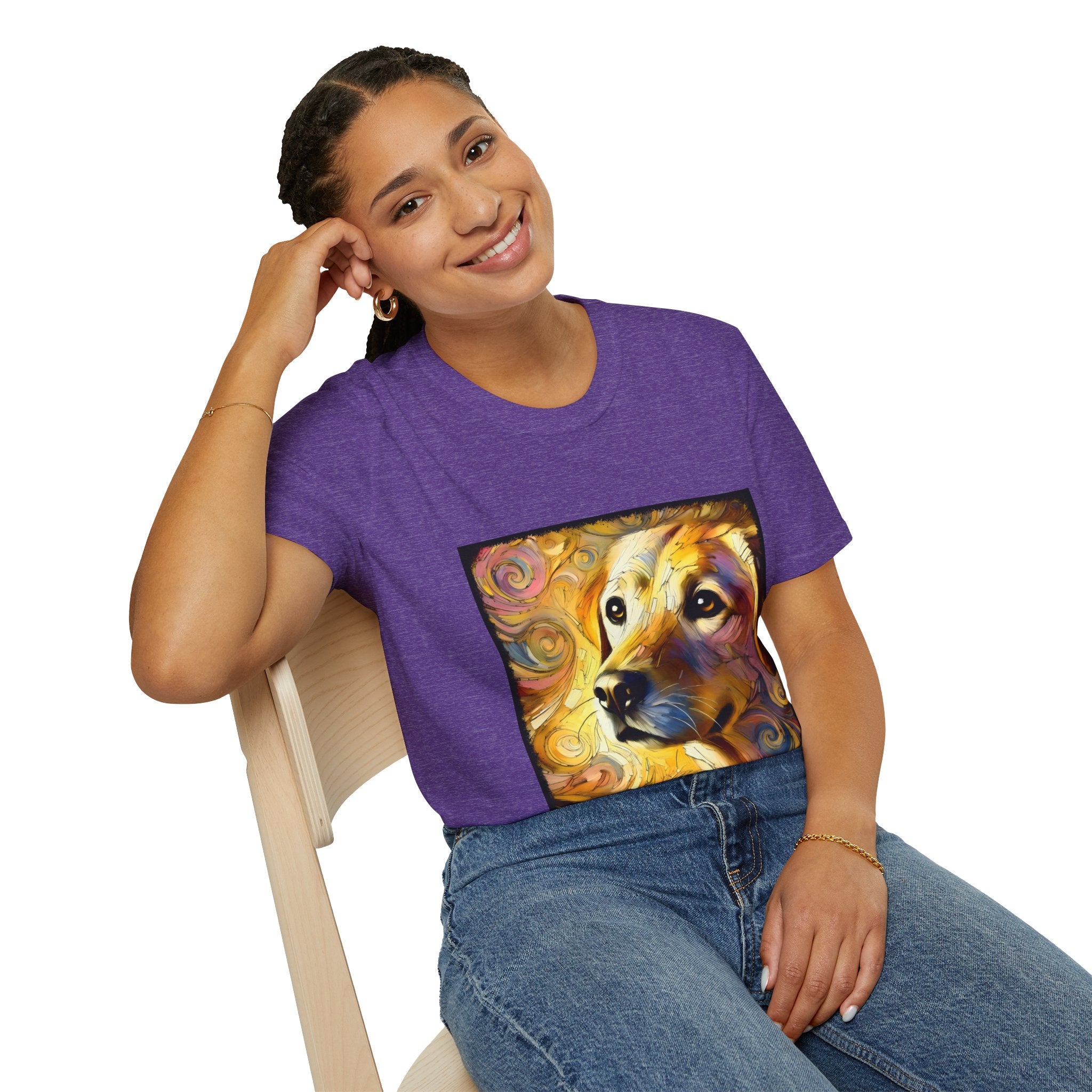 Female model wears heather purple dog t-shirt featuring a golden retriever with swirling brushstroke-style yellow-orange background.