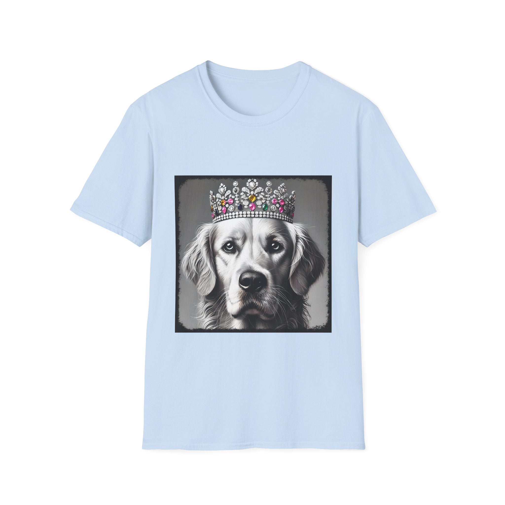 Light blue dog t-shirt featuring a black-and-white princess Golden Retriever with jeweled crown on gray background.