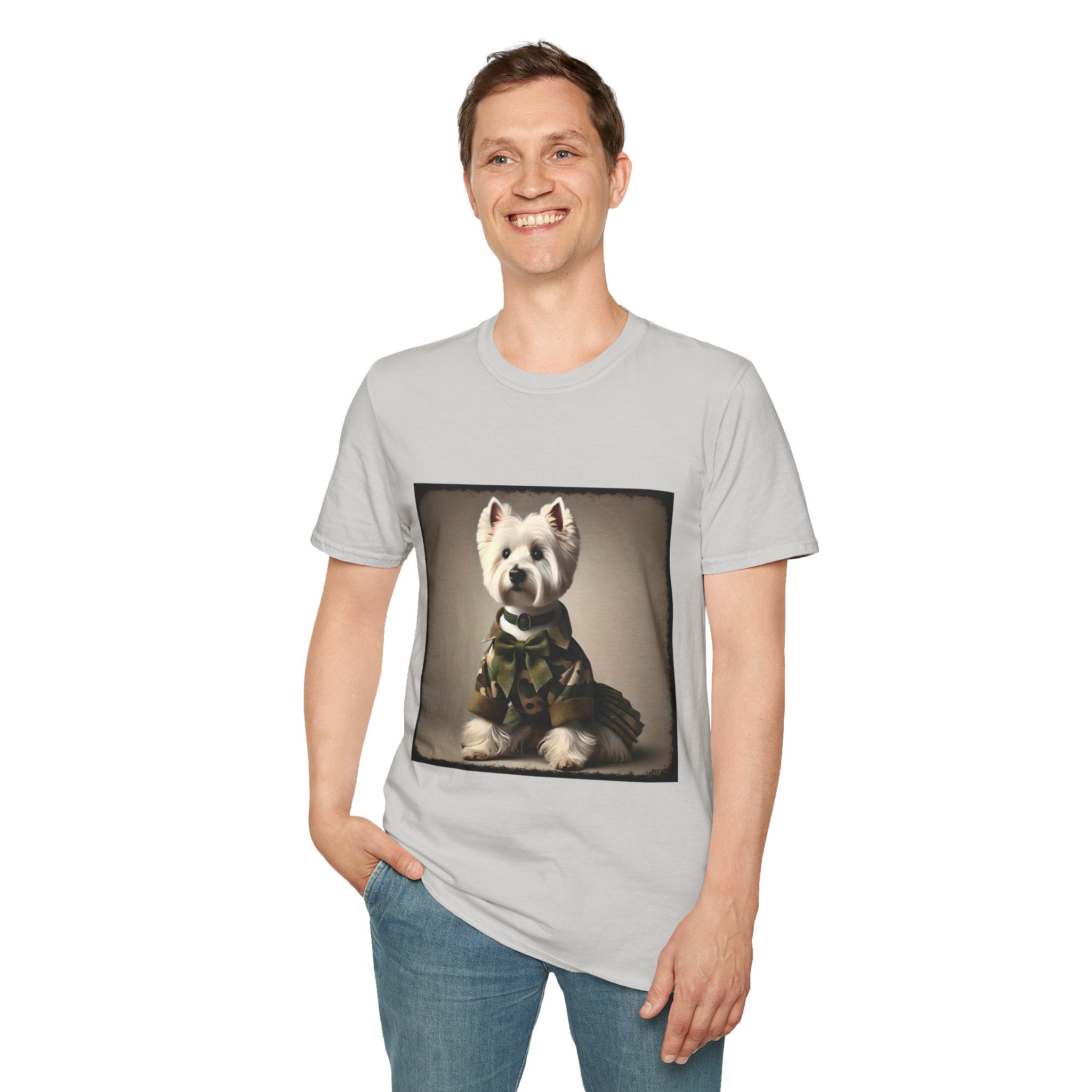 Male model in ice gray dog t-shirt featuring Westie in camouflage jacket and pleated skirt against neutral backdrop.