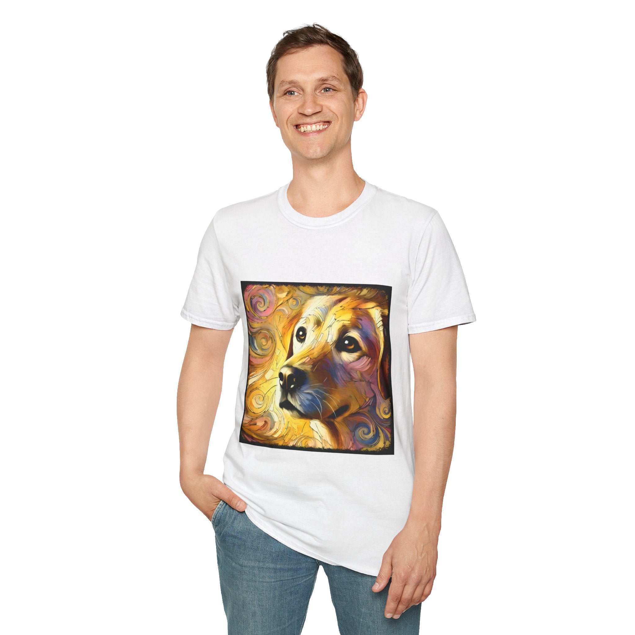 Male model wears white dog t-shirt featuring a golden retriever with swirling brushstroke-style yellow-orange background.