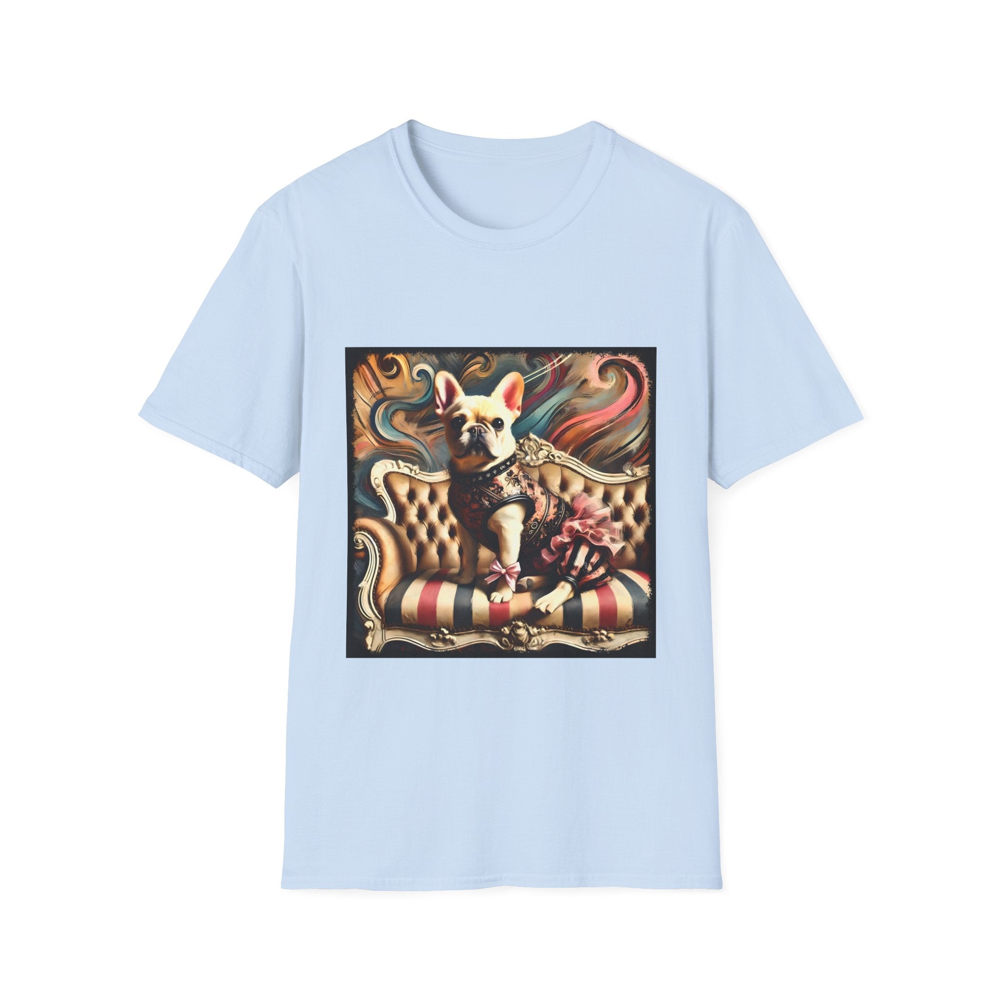 Light blue dog t-shirt featuring cream French Bulldog in floral vest and pink bow on striped settee with swirl background.