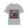 Sport gray dog t-shirt featuring white dog in pink bows and boots on gold settee with edgy gray backdrop.