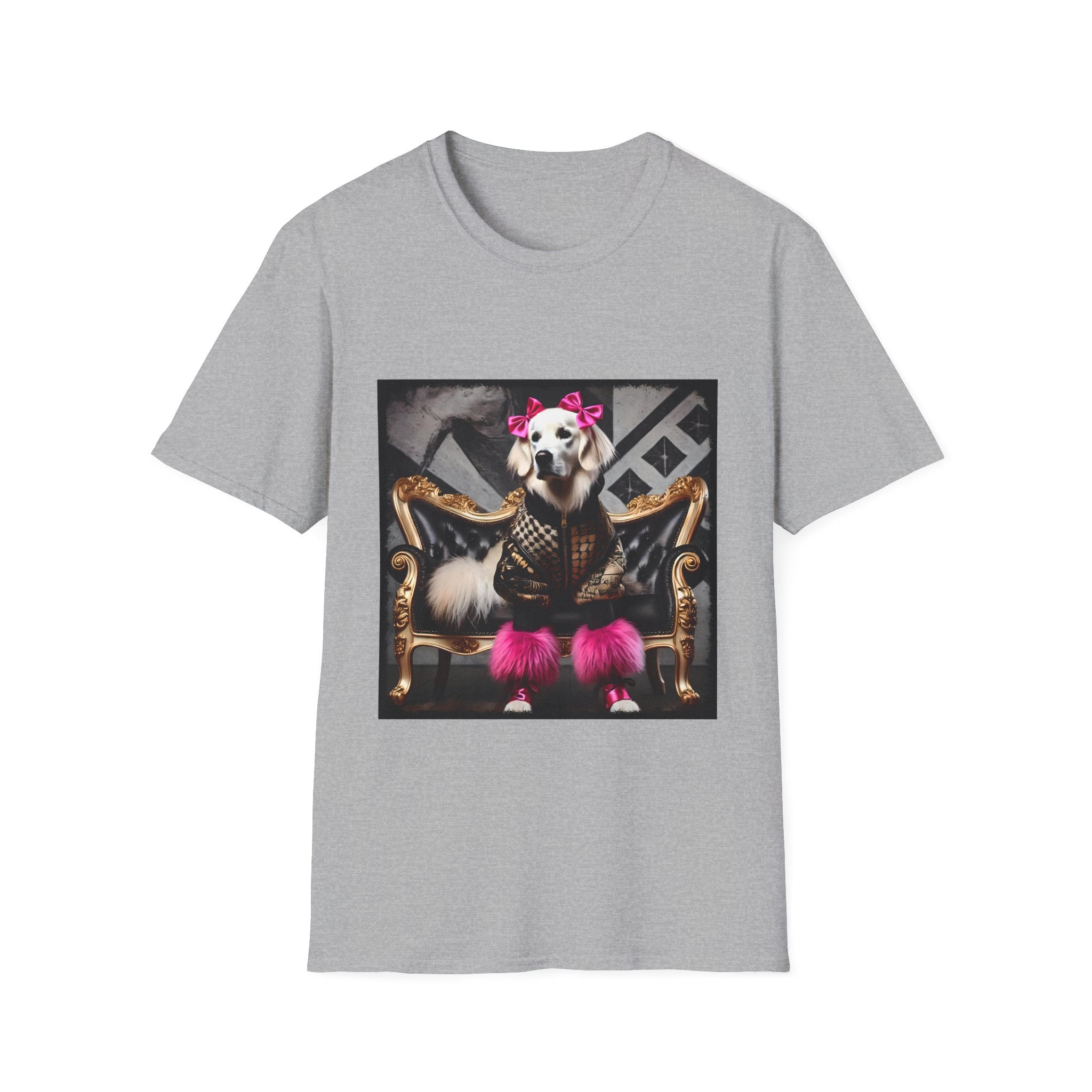 Sport gray dog t-shirt featuring white dog in pink bows and boots on gold settee with edgy gray backdrop.