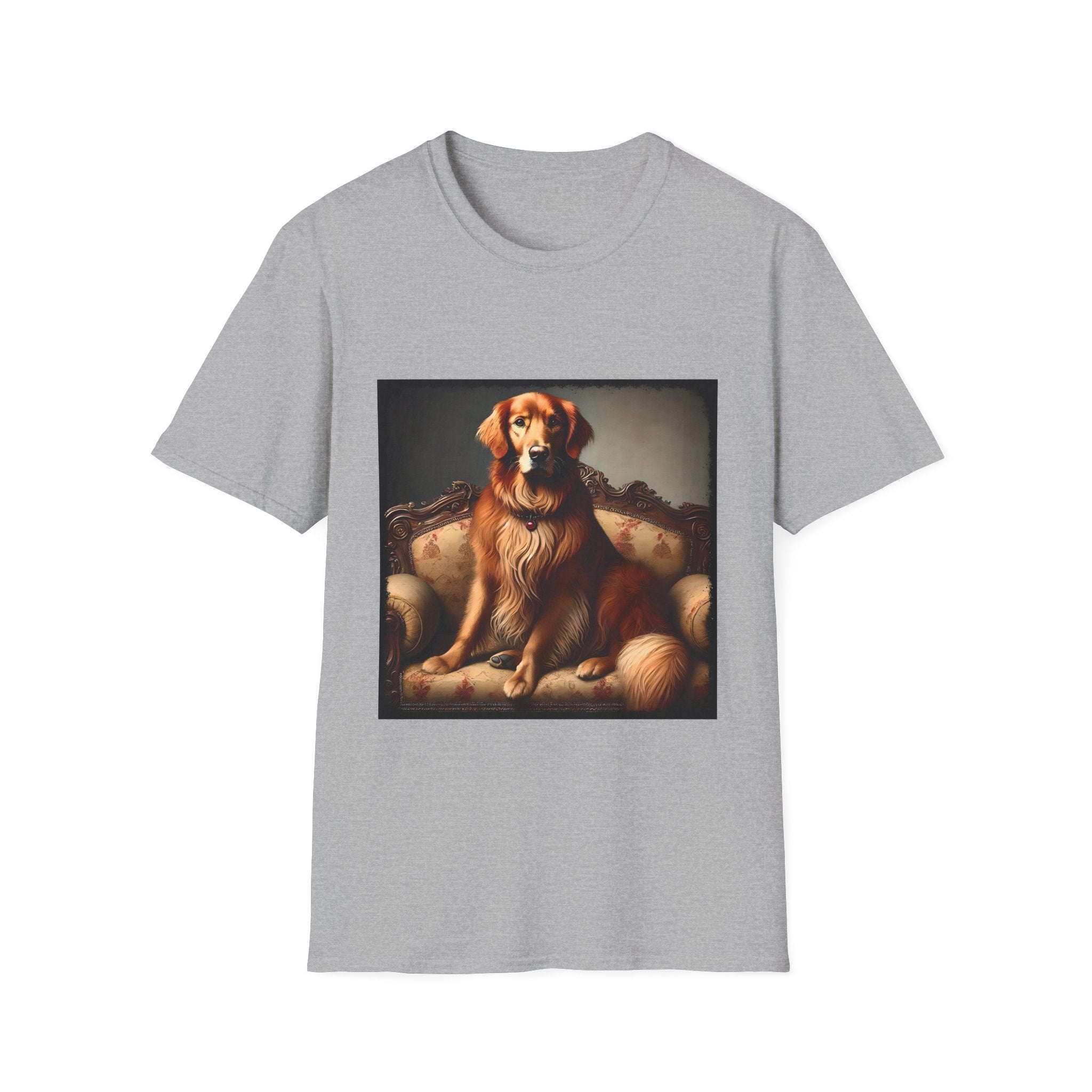 Sport gray dog t-shirt featuring golden retriever on ornate settee with long fur and classic red tones.