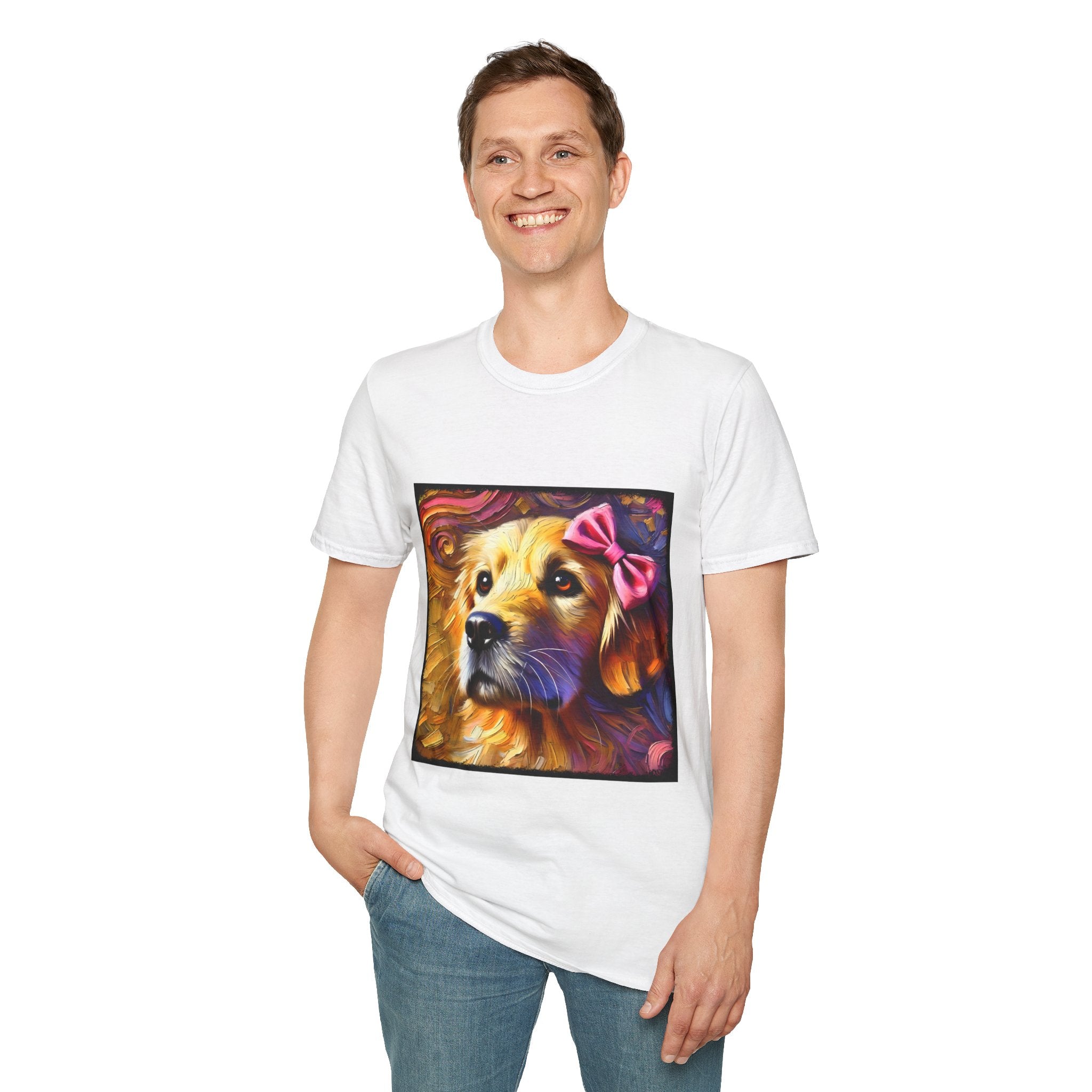Male model in white dog t-shirt featuring golden retriever with pink bow on head, set against vivid painterly swirls.